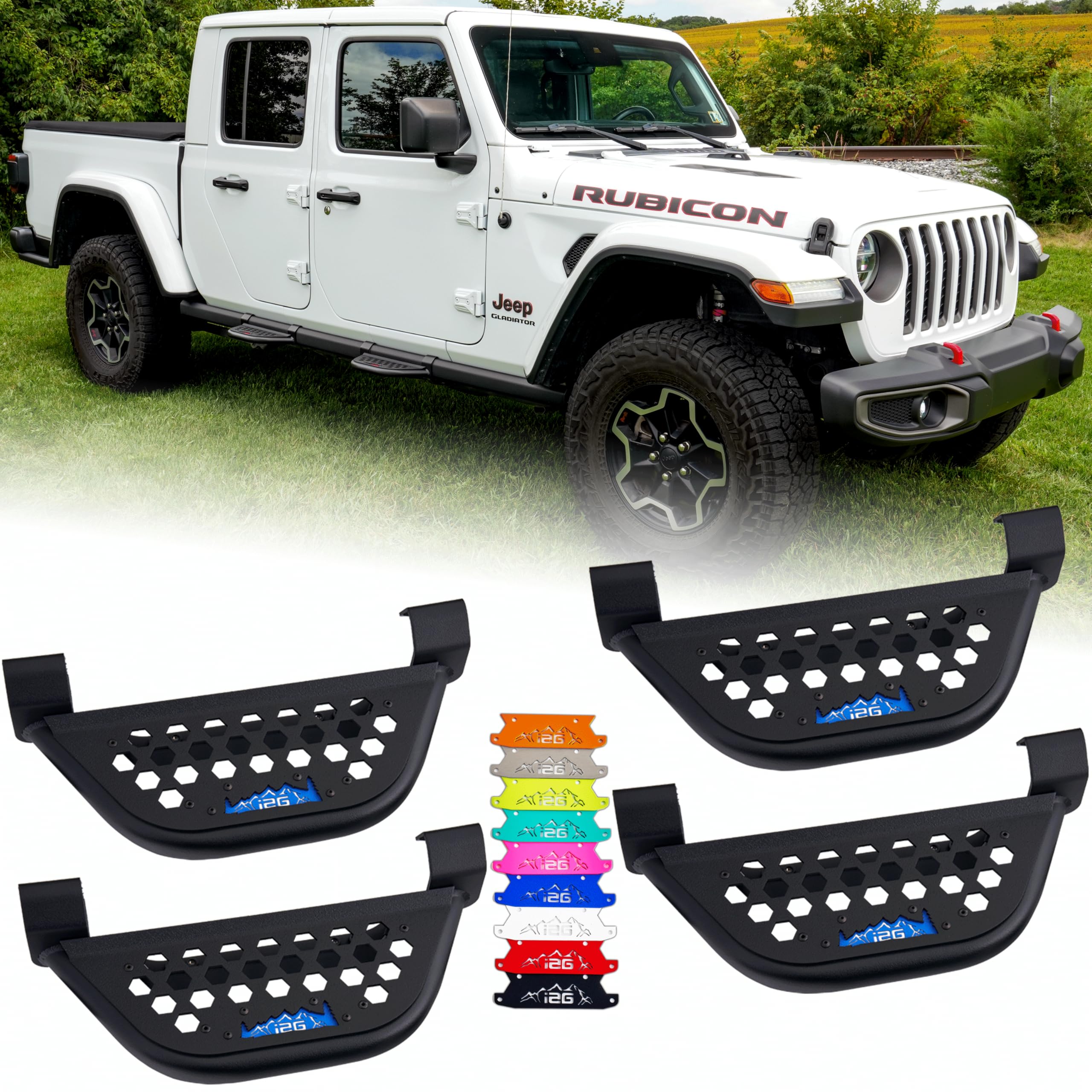 IAG EZ-Step for Jeep Wrangler 2018+ 4 Door & Gladiator 2020+ w/OEM rockrails (Blue Logo Plate, 2 Pair)