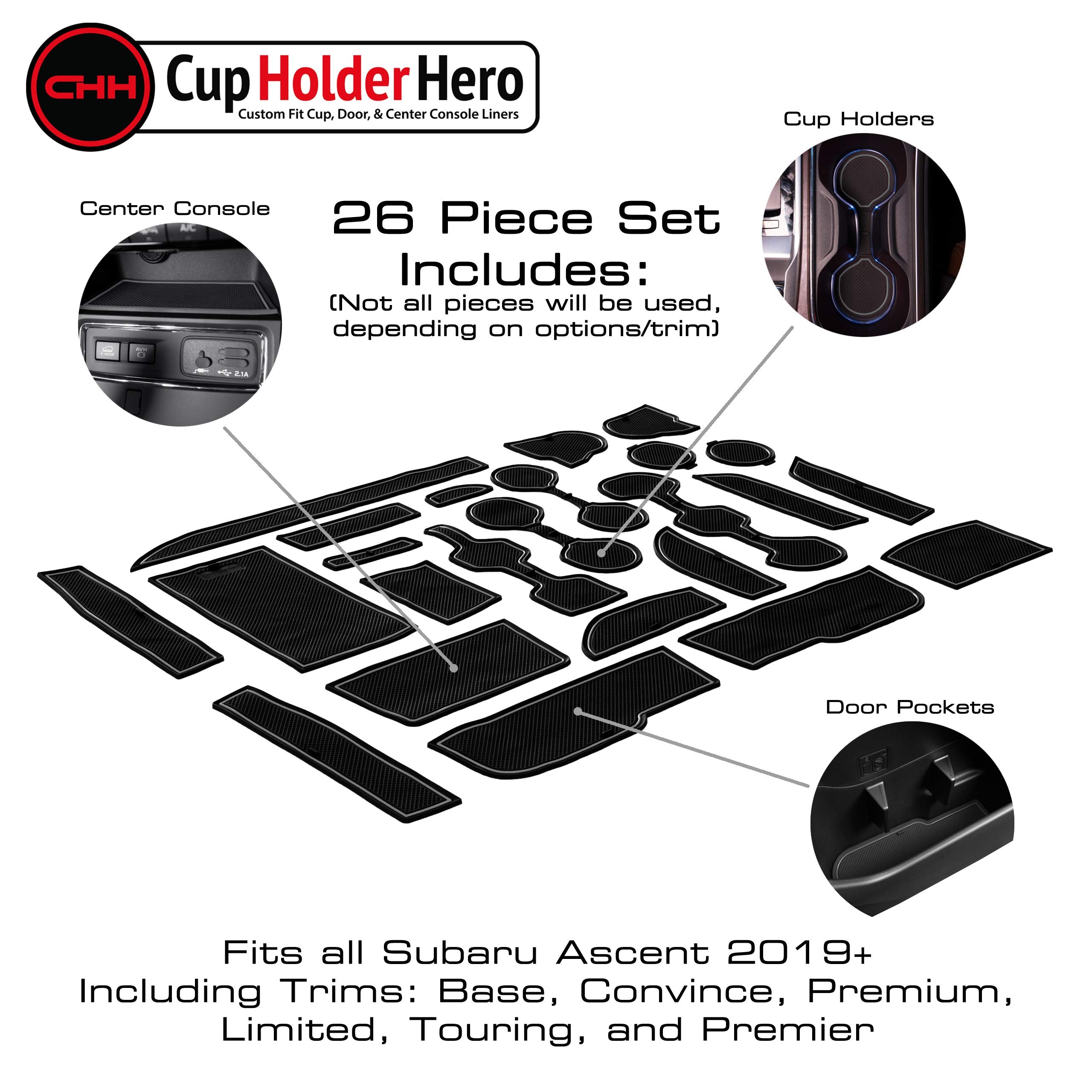 CupHolderHero Fits Subaru Ascent 2019-2022 Accessories - Premium Custom Non-Slip Anti-Dust Cup Holder Inserts, Center Console Li