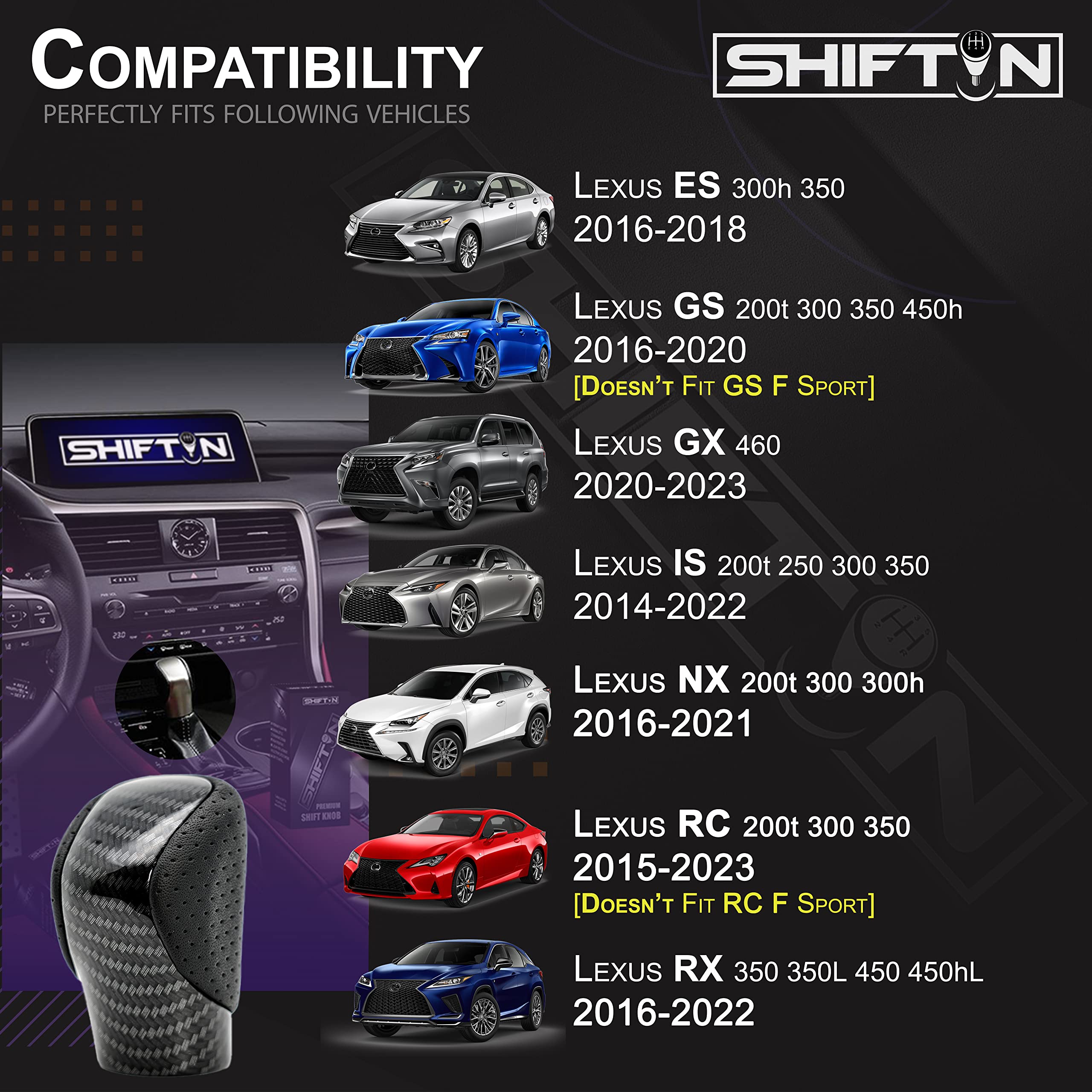 Shiftin Gear Shift Knob Shifter For Lexus Es Gs Gx Is Nx Rc Rx 200T 300 350 3450H 450Hl 350L (Punched Black Leather/Carbon Patte