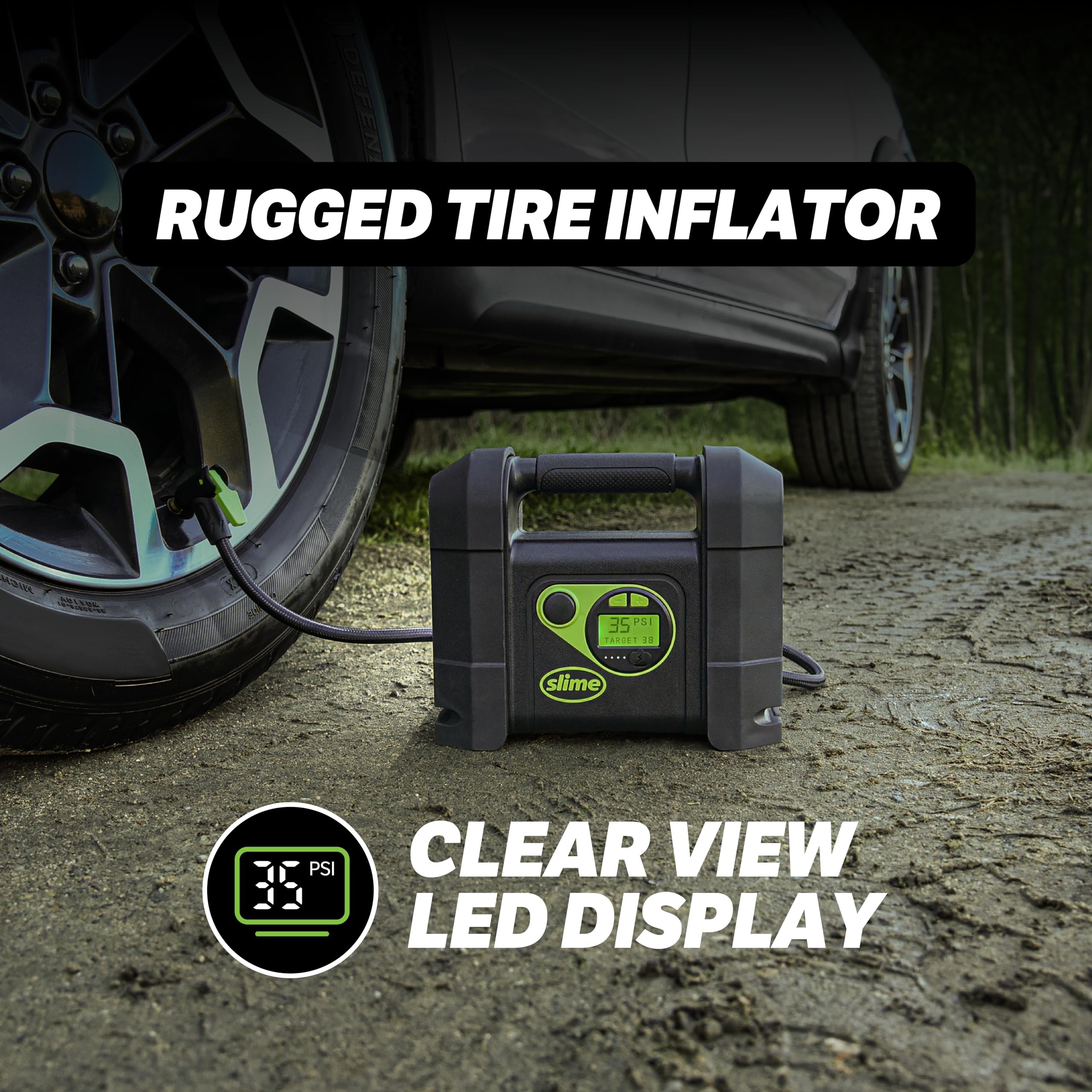 Slime 40080 Cordless Tire Inflator, Rugged Portable Air Compressor Pump with Auto Shut Off, Lithium Ion Battery and LED Light, R