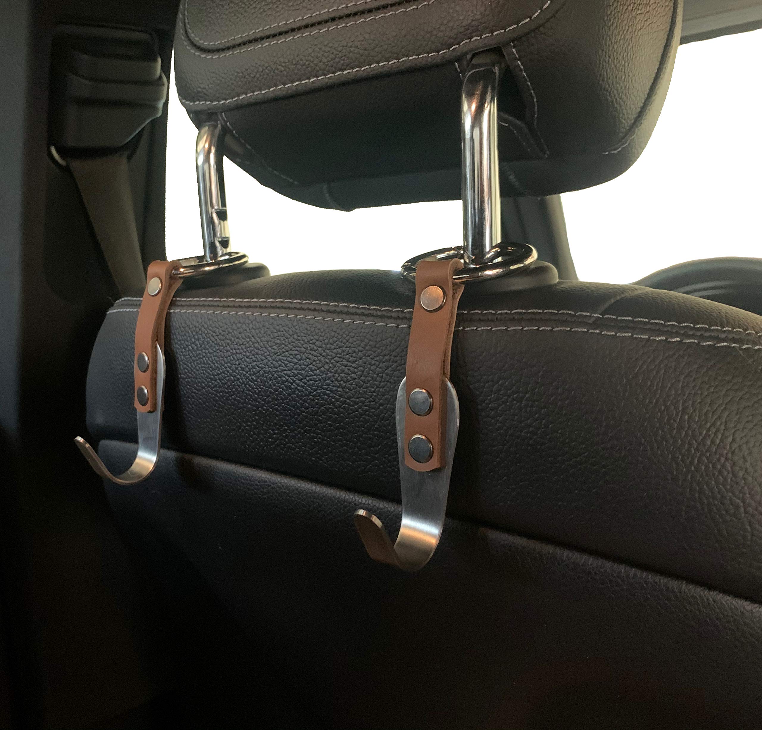 Headrest Hook Car Bag Back Seat For Car 2 Pack Rustic Brown Back Seat Organizer Purse Hook Hanger Premium Leather Stainless Steel Car Seat Head Rest Storage Organizer Universal For Handbag Purses