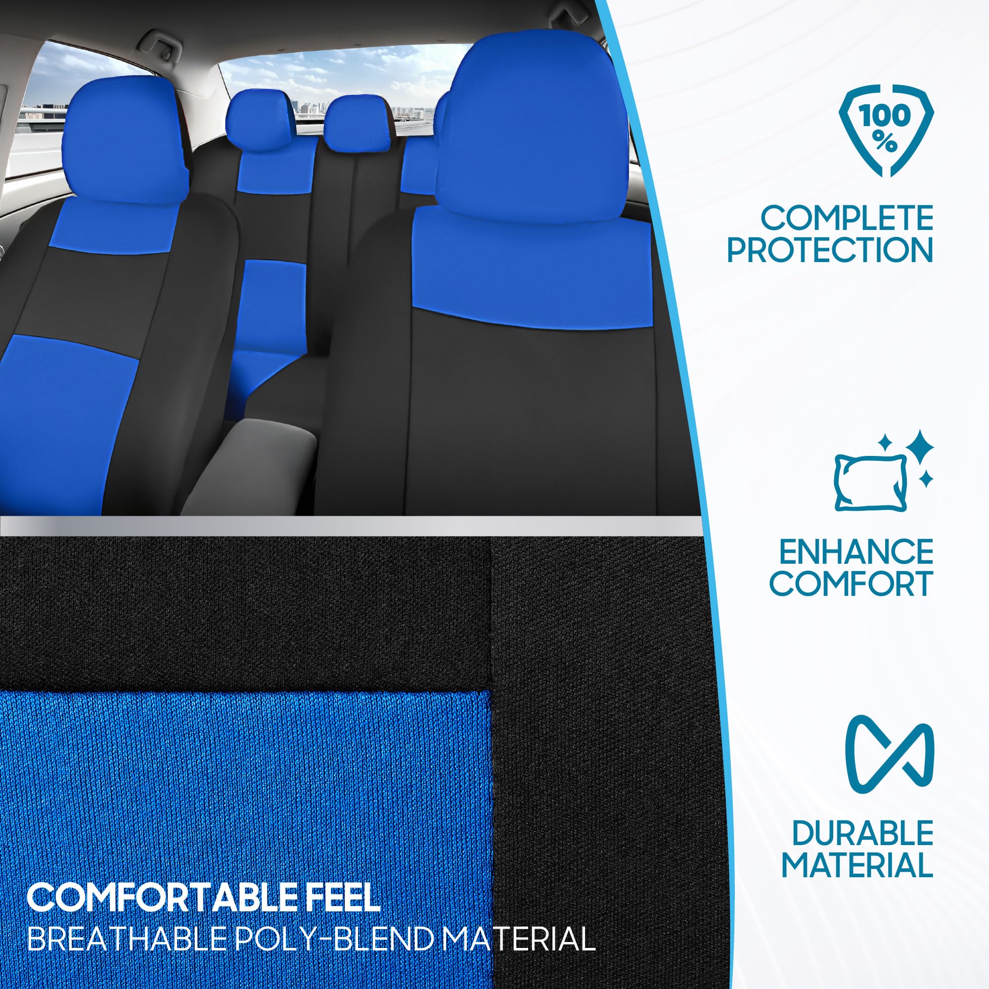 Bdk Polypro Car Seat Covers Full Set In Blue On Black, Front And Rear Split Bench Seat Covers For Cars, Easy To Install Car Seat Cover Set, Car Accessories For Auto Trucks Van Suv - Blue