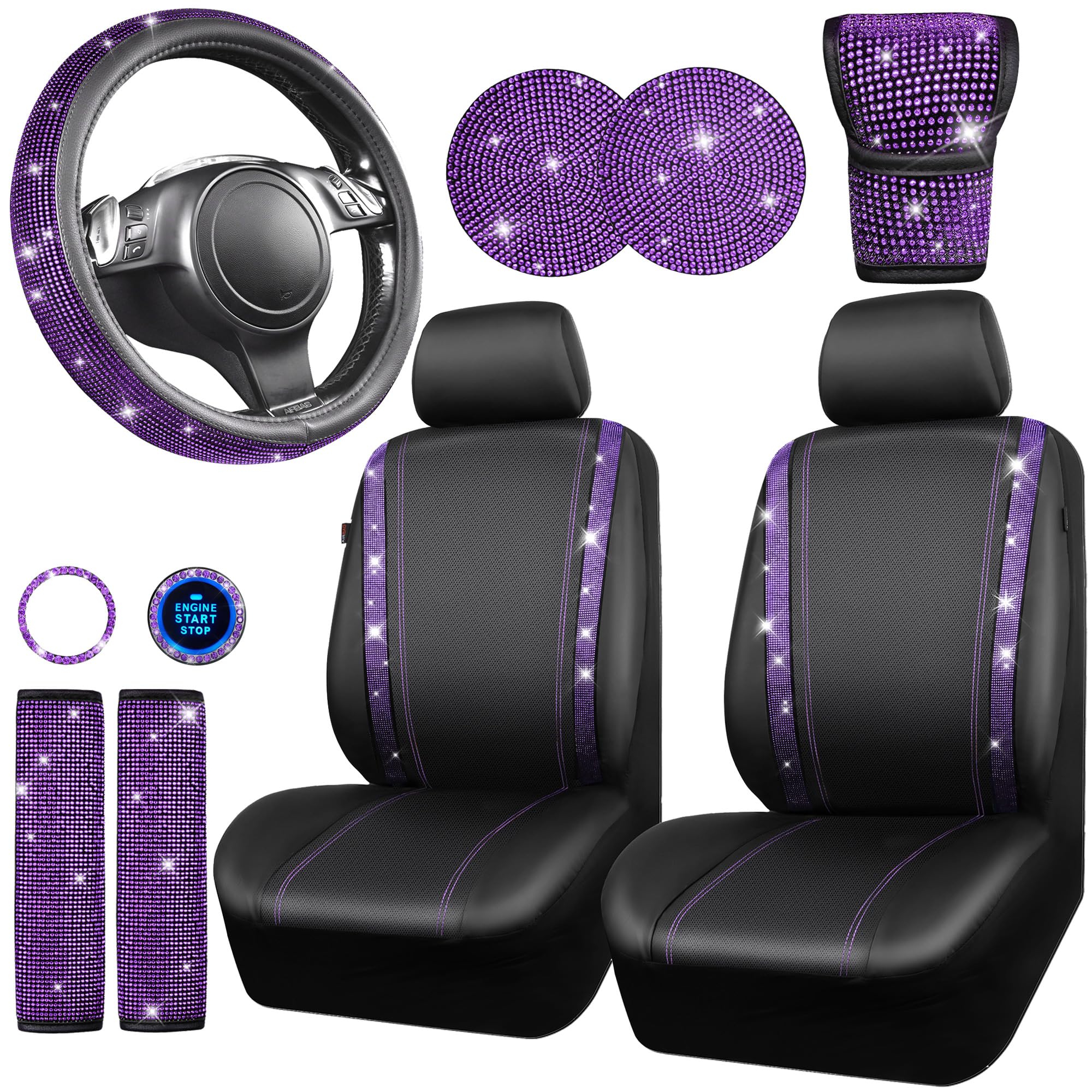 Car Pass Leather Diamond Bling Seat Covers Sets 11 Pcs, Bling Car Accessories Set For Women, Sparkly Rhinestone Steering Wheel C