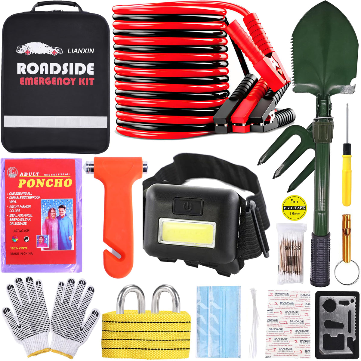 Lianxin Emergency Car Kit - Premium Roadside Assistance Kit For Cars With Jumper Cables, Headlamp, Folding Shovel & Tow Strap Al