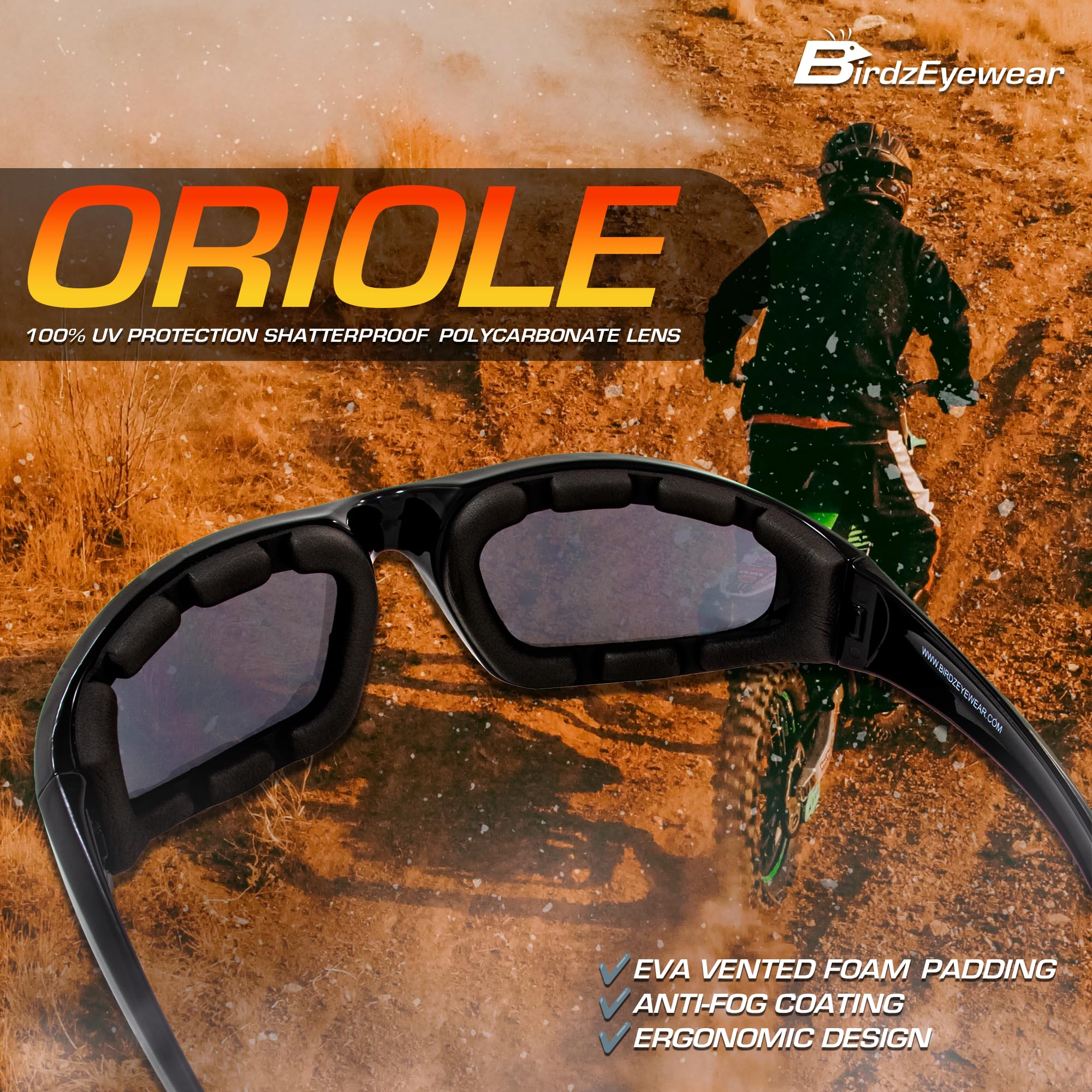 Birdz Eyewear Oriole Padded Motorcycle Glasses (Black Frame/Smoke Lens)