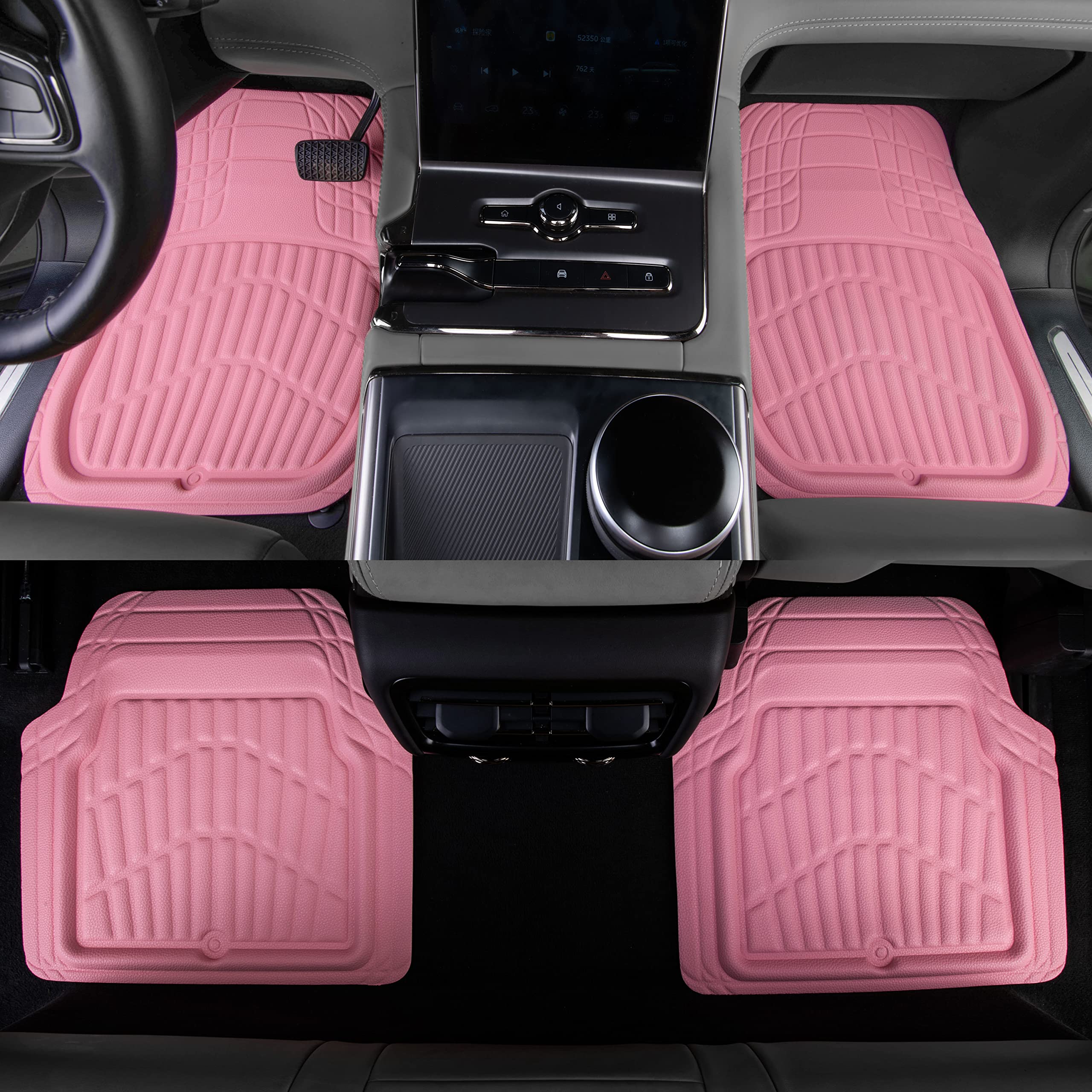 Car Pass 4 Piece Leather Car Floor Mats -3D Cute Girly Waterproof All Weather Car Mat Full Set, Universal Trim To Fit & Anti-Slip Burr Bottom & Light Easy Clean For Suv Truck Auto Sedan Van(Pink)