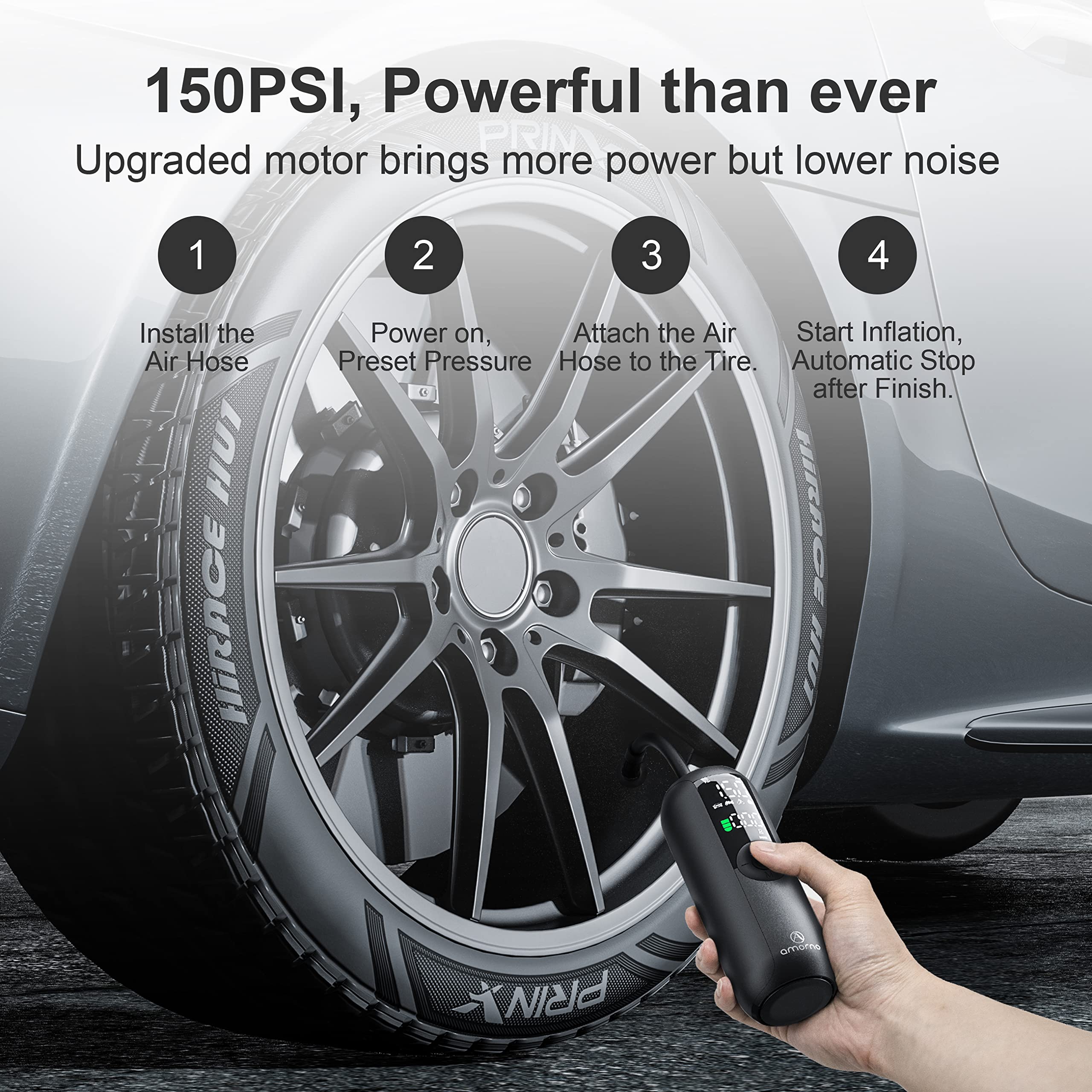 Portable Air Compressor Mini Bike Pump, Amorno 150 Psi Electric Tire Pump Handheld Inflator With Digital Lcd Screen Led Lights F