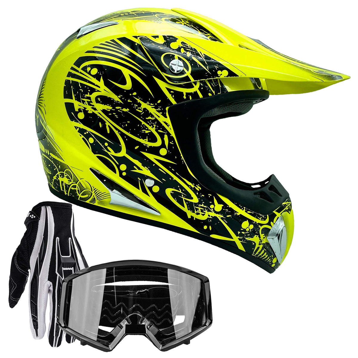 Typhoon Adult Teen Atv Mx Helmet Goggles Gloves Gear Combo Hiviz W/ Black Goggles & Gloves ( Small )