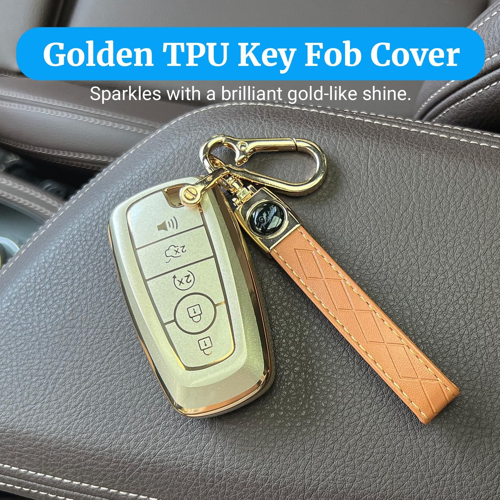 Joouheax For Ford Key Fob Cover With Keychain, Gold Full Protection Soft Tpu Key Case For Explorer Expedition Fusion Escape Edge