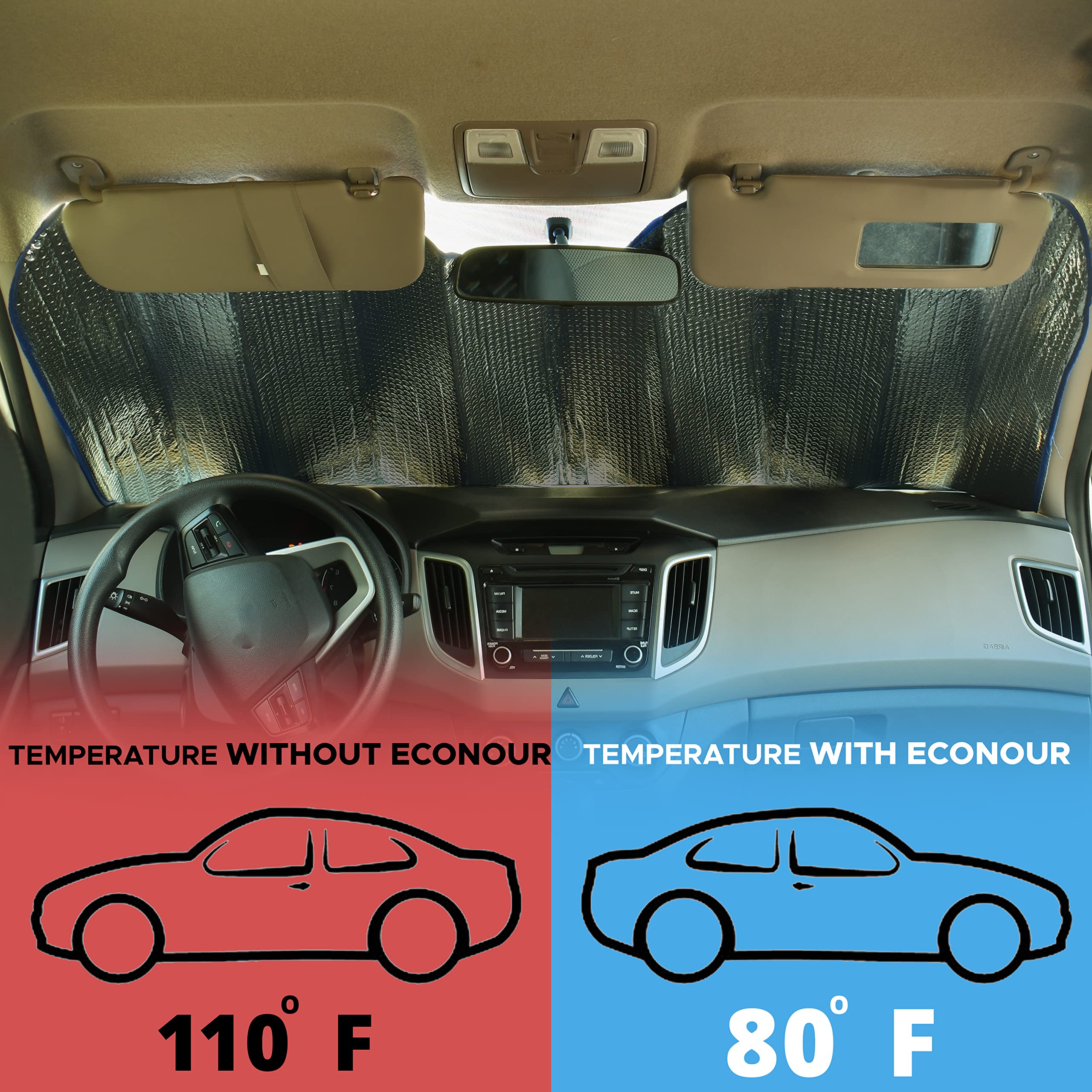 Econour Accordion Windshield Sun Shade (Blue) | Reflective Car Window Shades For Front Window Keeps Sun And Heat Out | Sun Visor For Car Windshield Controls Car Interior Temperature | 58 X 28 Inches