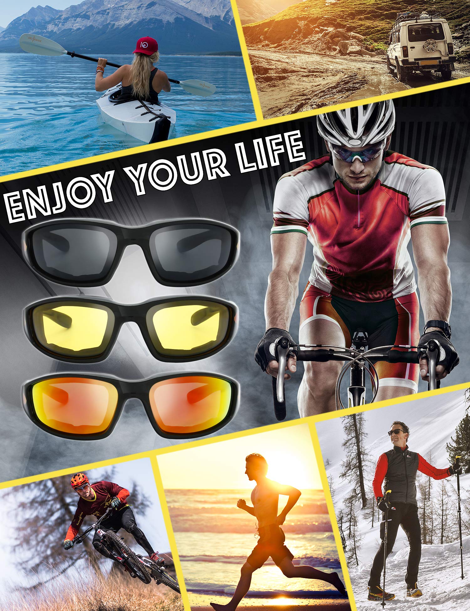 The Fresh Motorcycle Riding Glasses Padded Frame Lens Block 100% Uvb For Outdoor Activity Sport (1409-Shiny Black(Flame Print),
