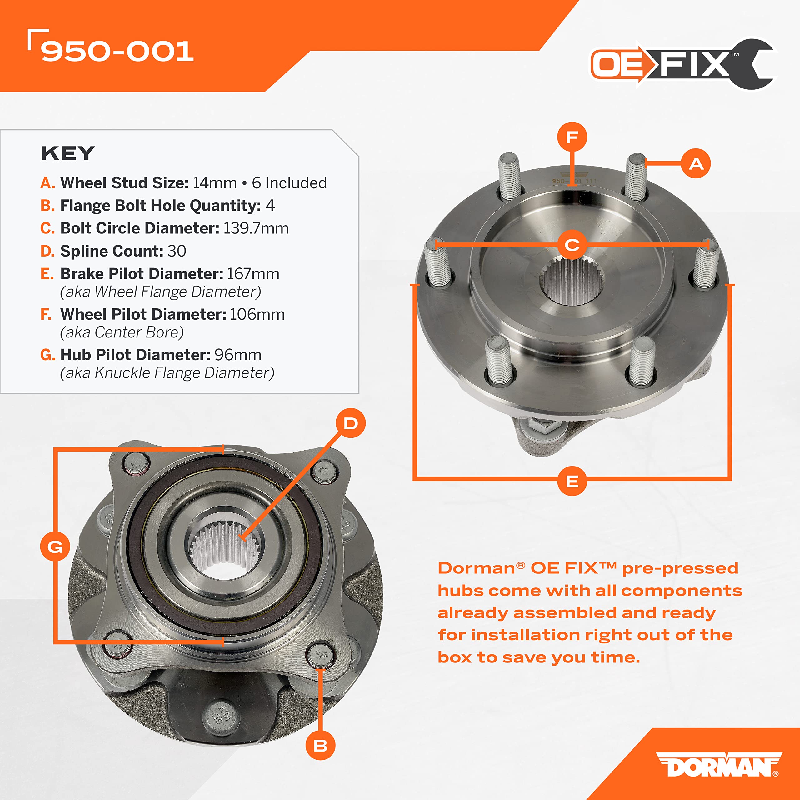 Dorman 950-001 Pre-Pressed Hub Assembly - Front Compatible With Select Lexus / Toyota Models (Oe Fix)
