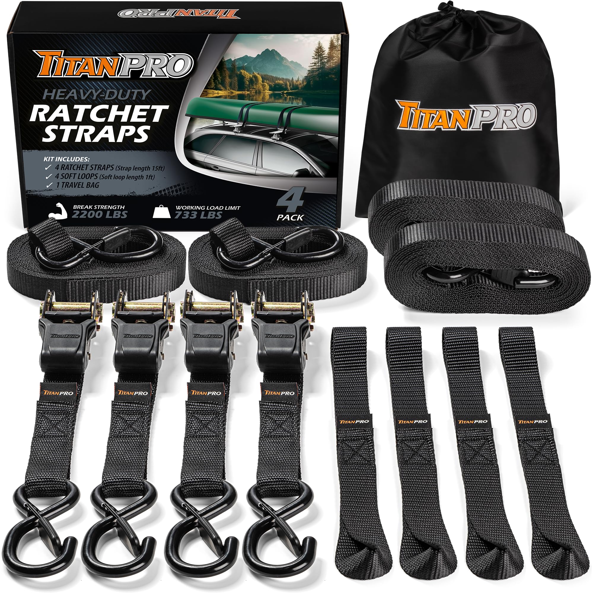 TitanPro Ratchet Tie Down Straps 4-Pack - 2,200lb Test Strength, Premium 1'' x 15' Rachet Tie Downs with Padded Handles | Heavy 