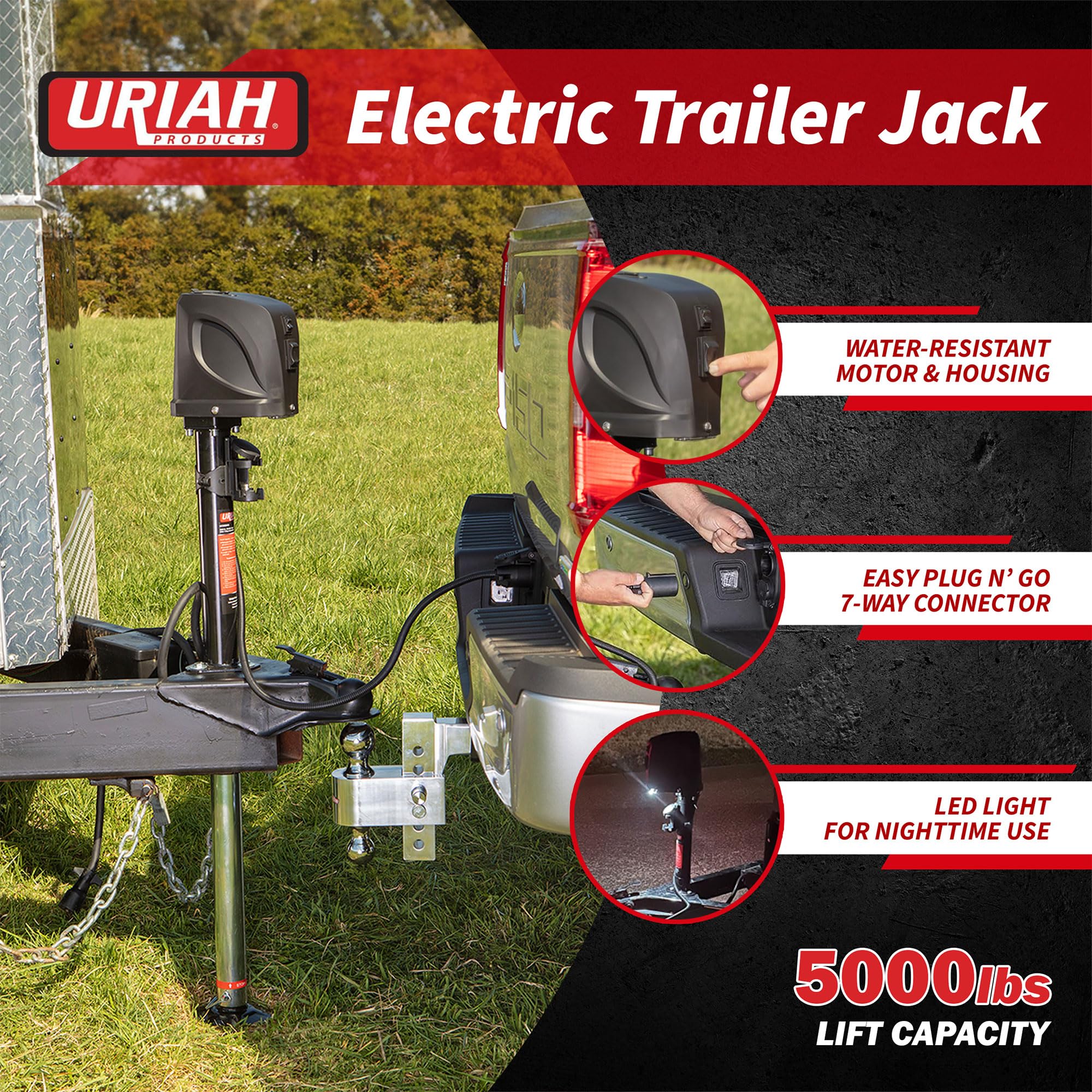Uriah Products 5000 Pound Lift Capacity 12 Volt 7 Way Connector Electric Trailer Jack With Easy To Use Switch And Oversized Adjustable Footpad, Black