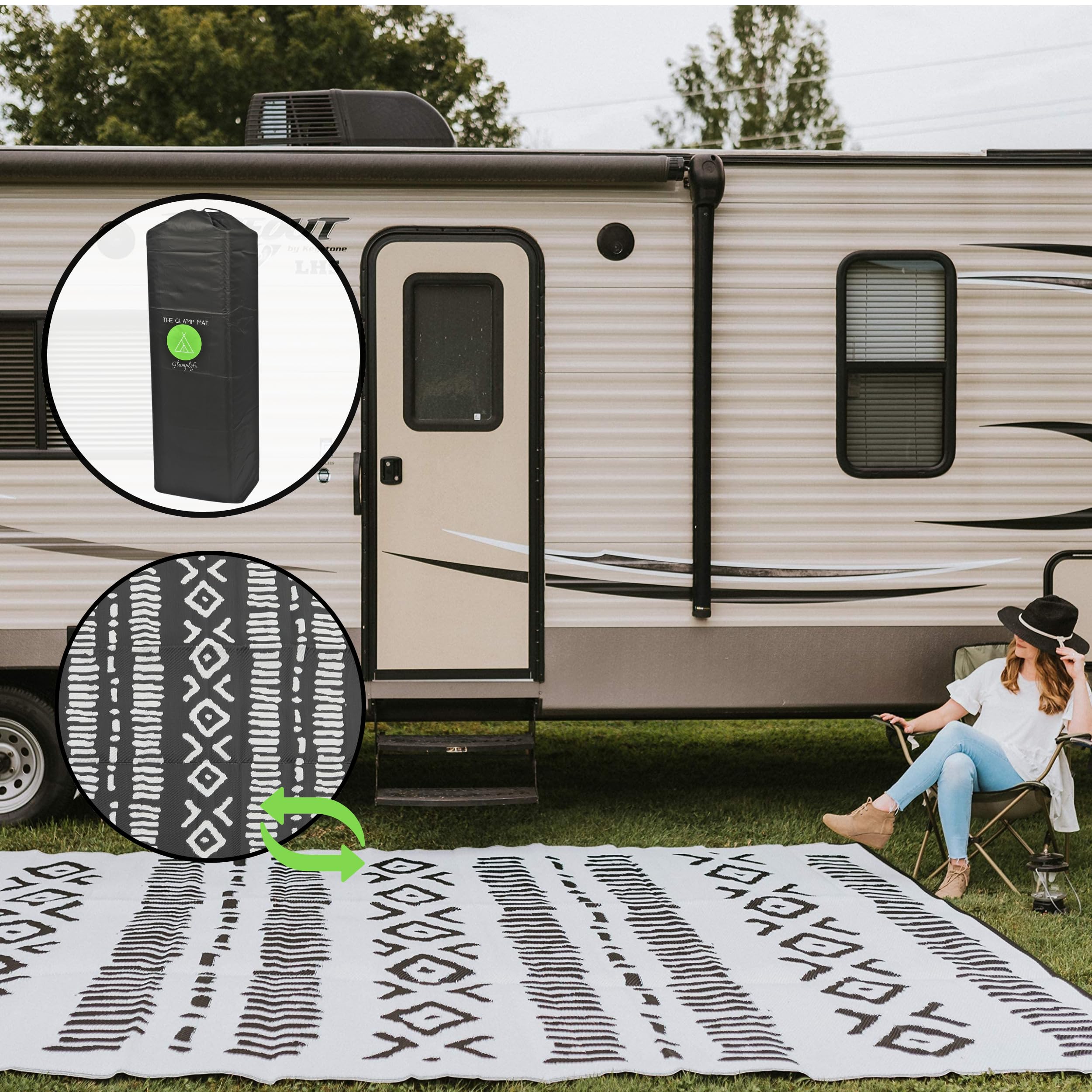 Glamplife Recycled Rv Rug - Camping Rugs For Outside Your Rv - 9X12 Outdoor Rug - Black And White Tribal - Large Outdoor Rugs Fo
