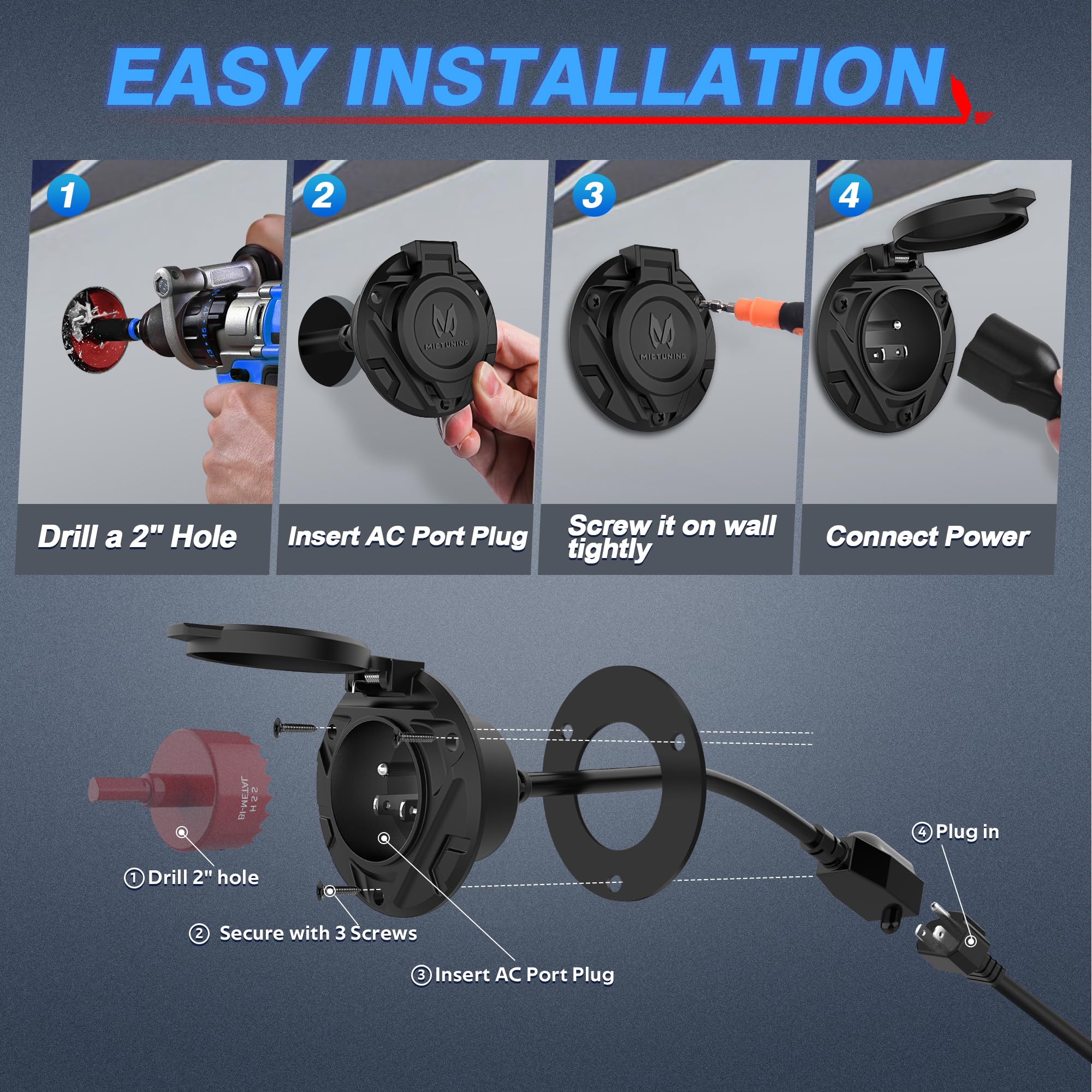 Mictuning 10A-15A Ac Port Plug, 125V Power Inlet Socket With Integrated 20-Inch Extension Cord & Waterproof Auto Shut Cover, Cab