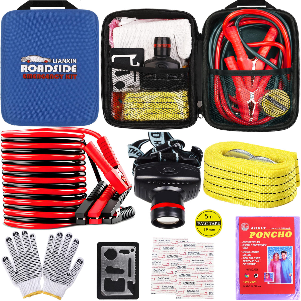 Lianxin Car Roadside Emergency Kit, With Jumper Cables Automotive Kit,Car Safety Roadside Assistance Kit Headlamp,Tow Straps, Mu