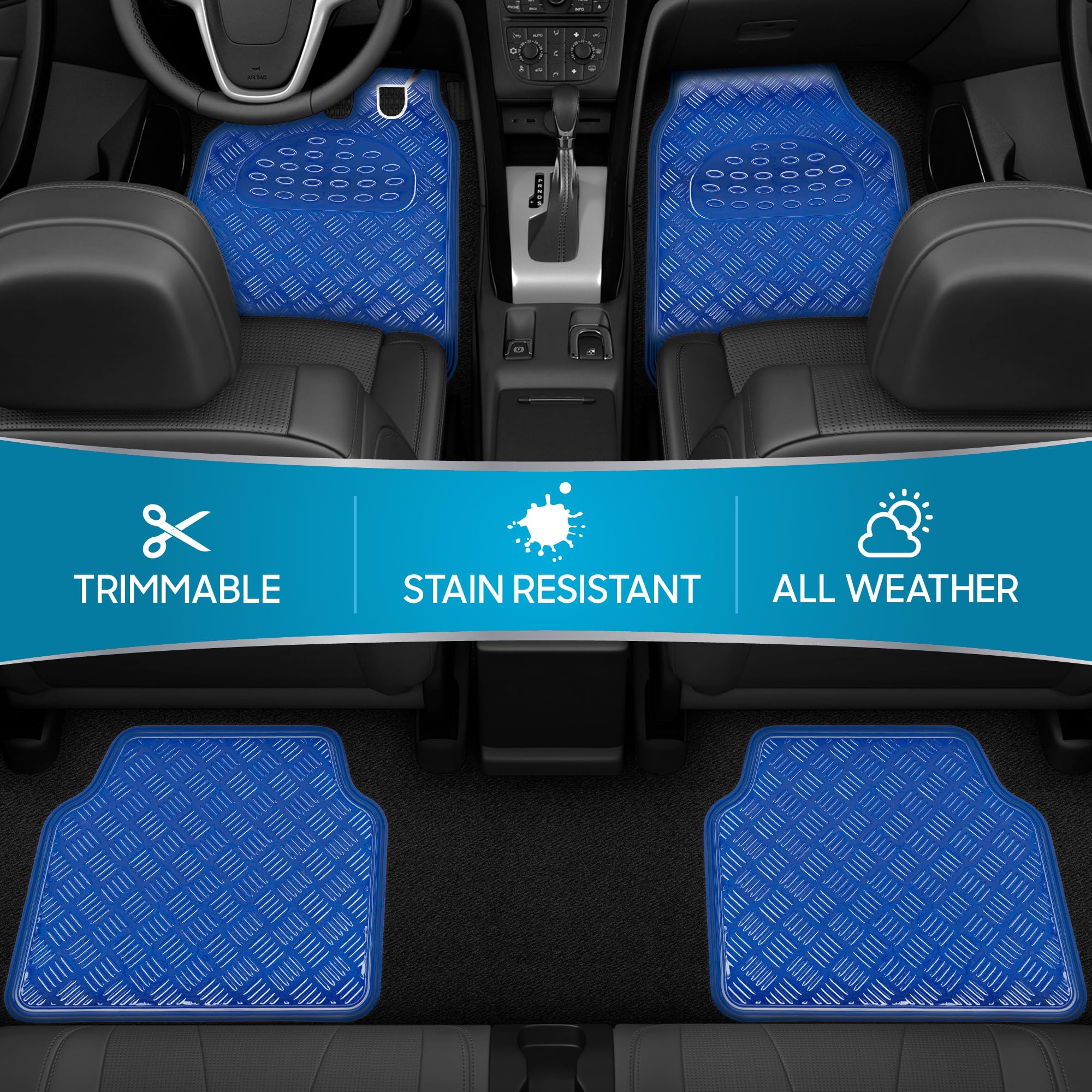 BDK MT-641-BL Universal Fit 4-Piece Set Metallic Design Car Floor Mat - Heavy Duty All Weather With Rubber Backing (Blue)