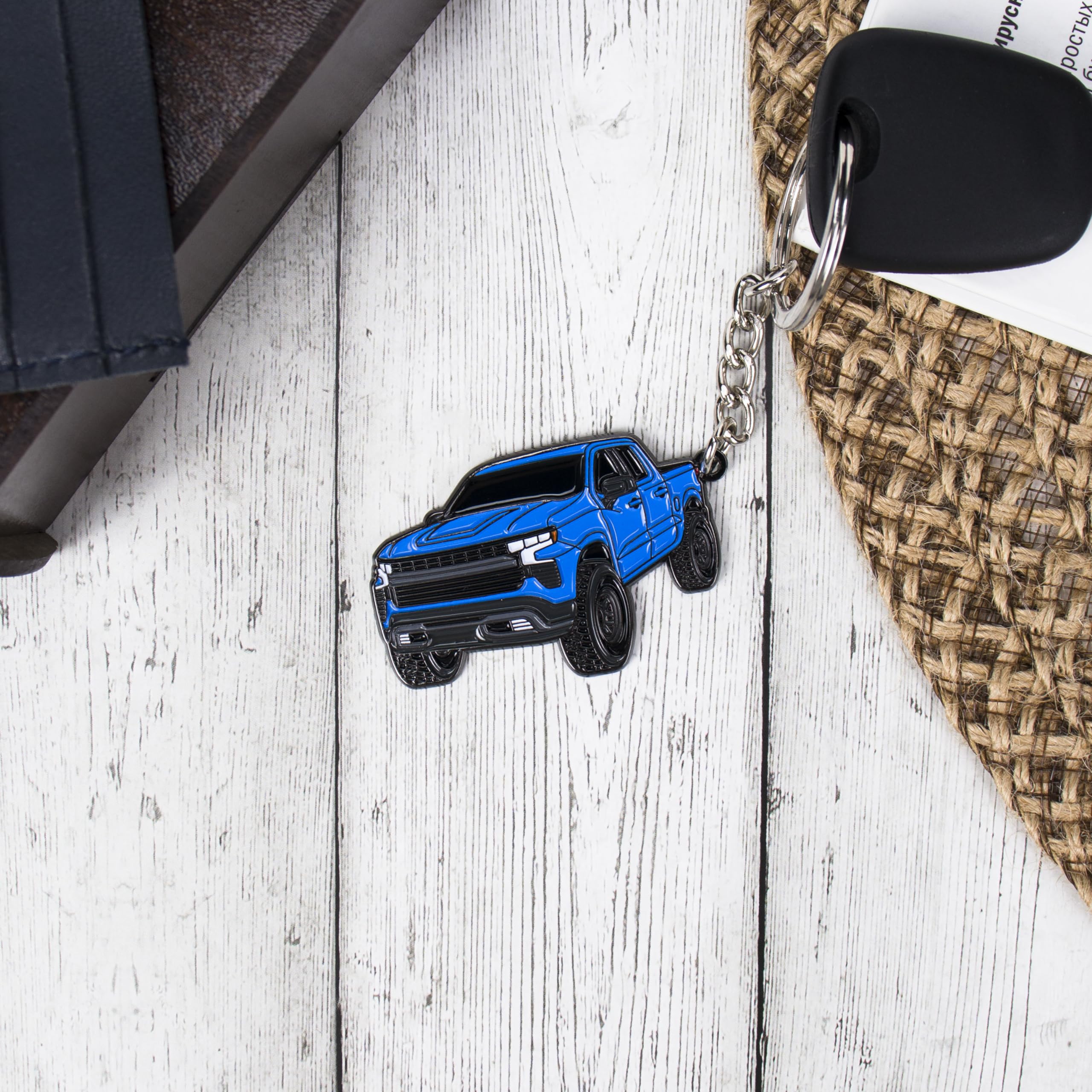 Four Wheel Beast Chevy Keychain Compatible With Chevy Silverado 1500 Accessories - Toy Truck Gifts Men Key Fob (Glacier Blue)