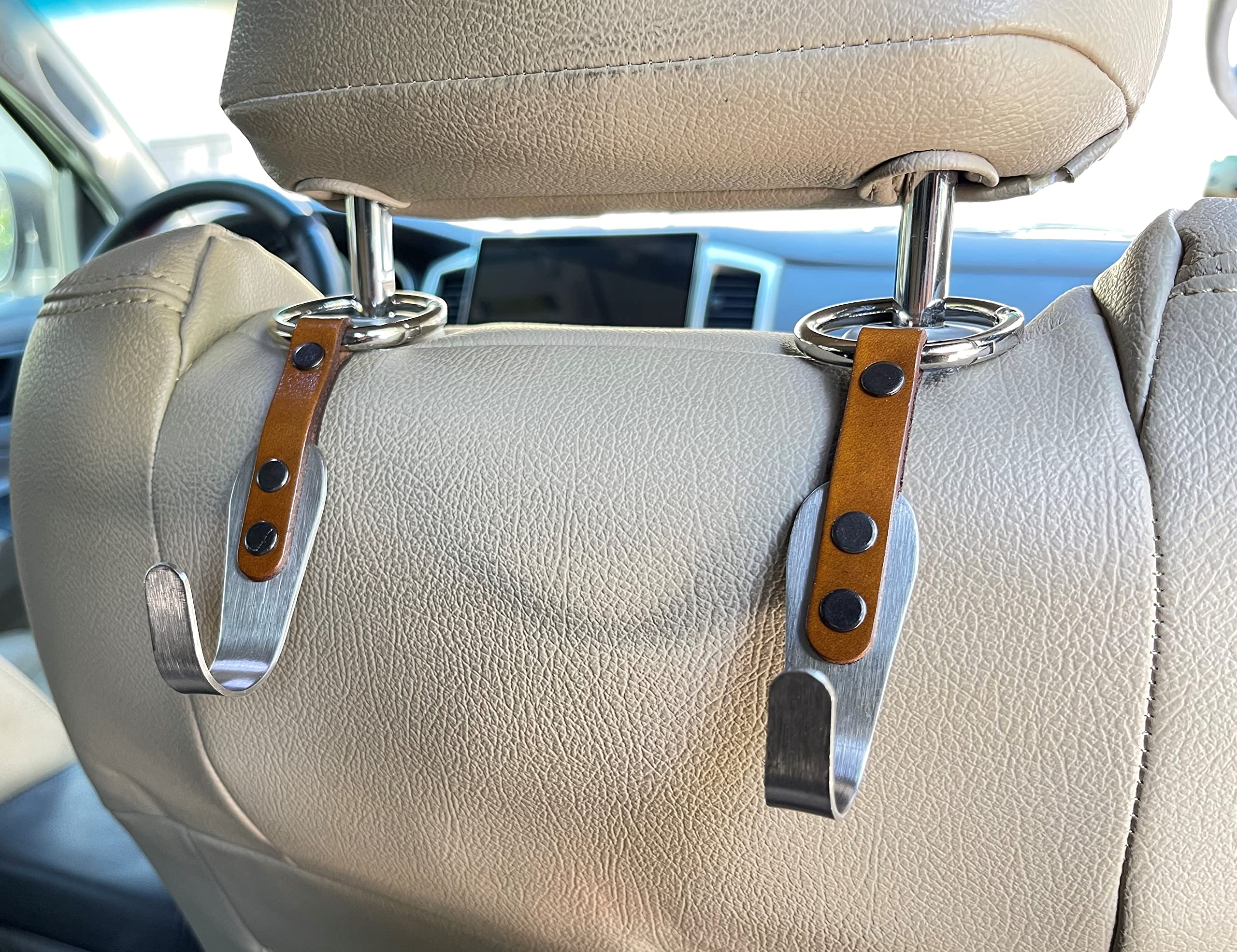 Headrest Hook Car Bag Back Seat For Car 2 Pack Rustic Brown Back Seat Organizer Purse Hook Hanger Premium Leather Stainless Steel Car Seat Head Rest Storage Organizer Universal For Handbag Purses