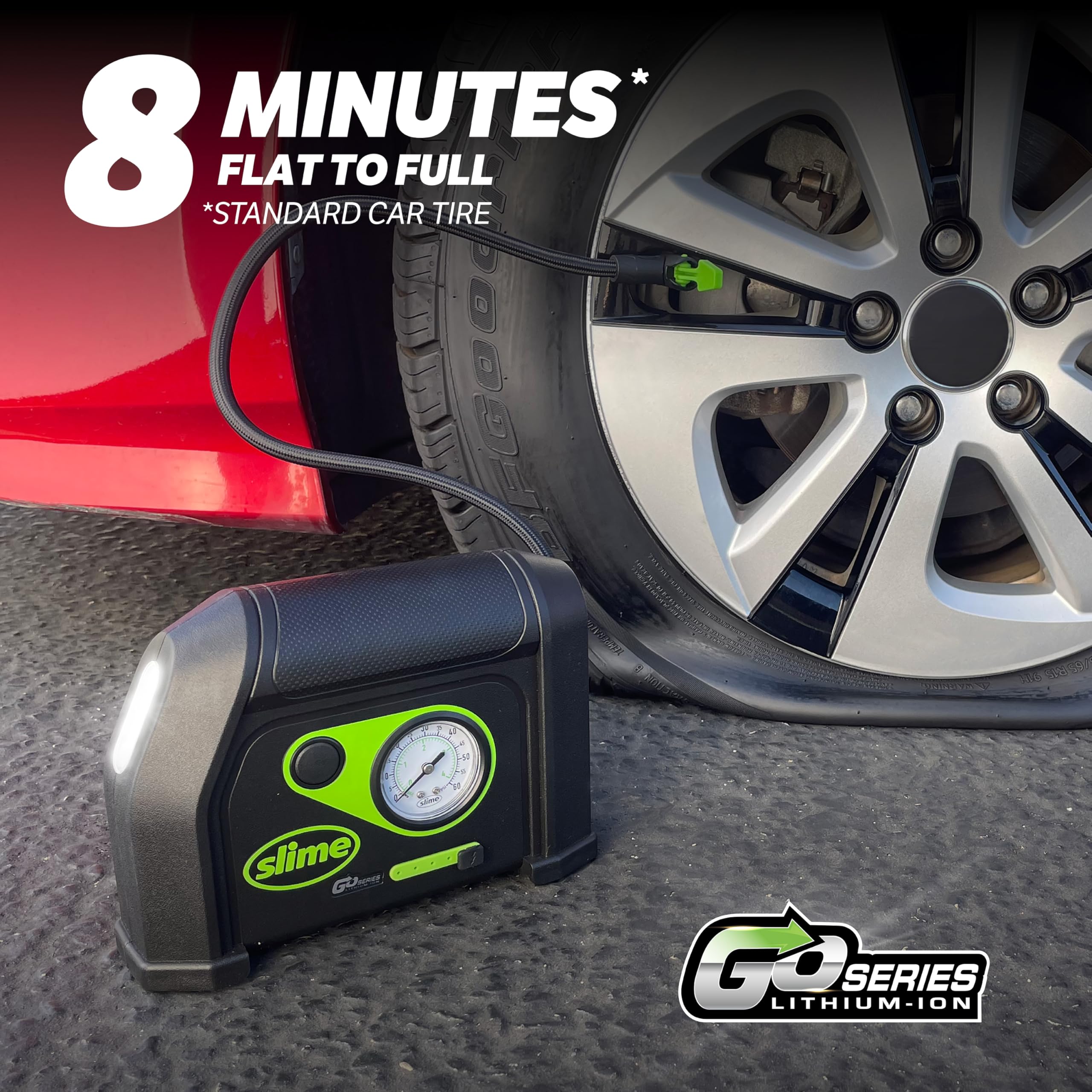 Slime 40084 Tire Inflator, Cordless, Portable Air Compressor Pump, Lithium Ion Battery and LED Light, Rechargeable, 8 min Inflat