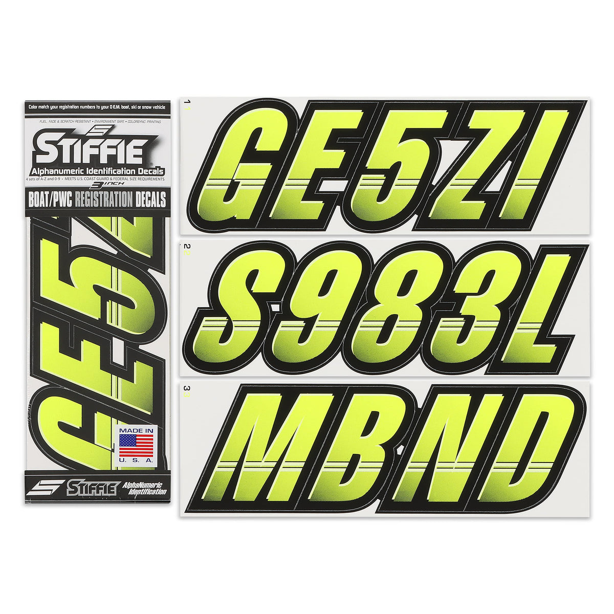 Stiffie Techtron Day Glow Yellow/Black 3 '' Boat & Pwc Registration Decals  Numbers Letters Stickers