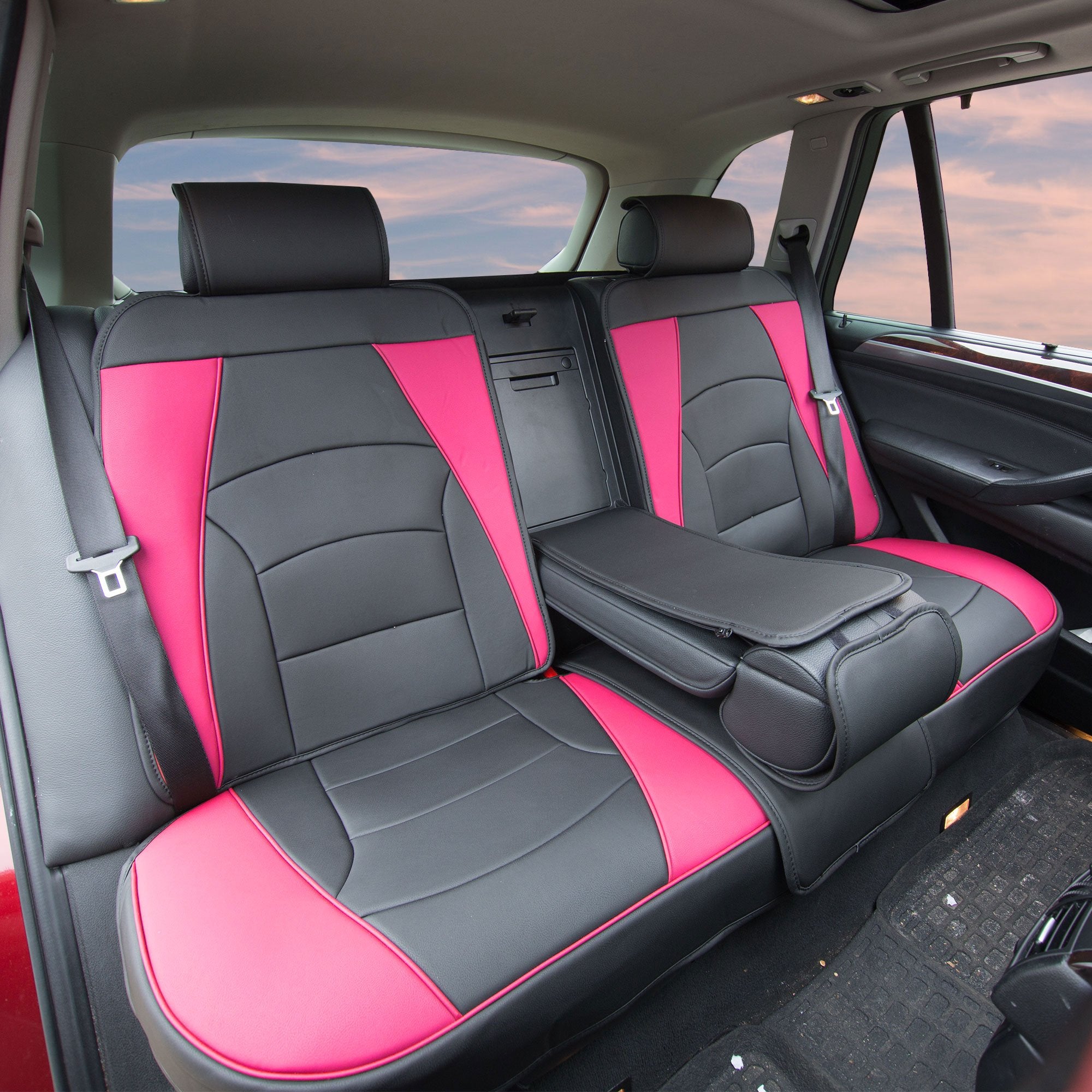 Fh Group Car Seat Cover For Back Seat Pink Black Faux Leather - Universal Fit, Rear Seat Covers For Cars With Rear Split Bench,