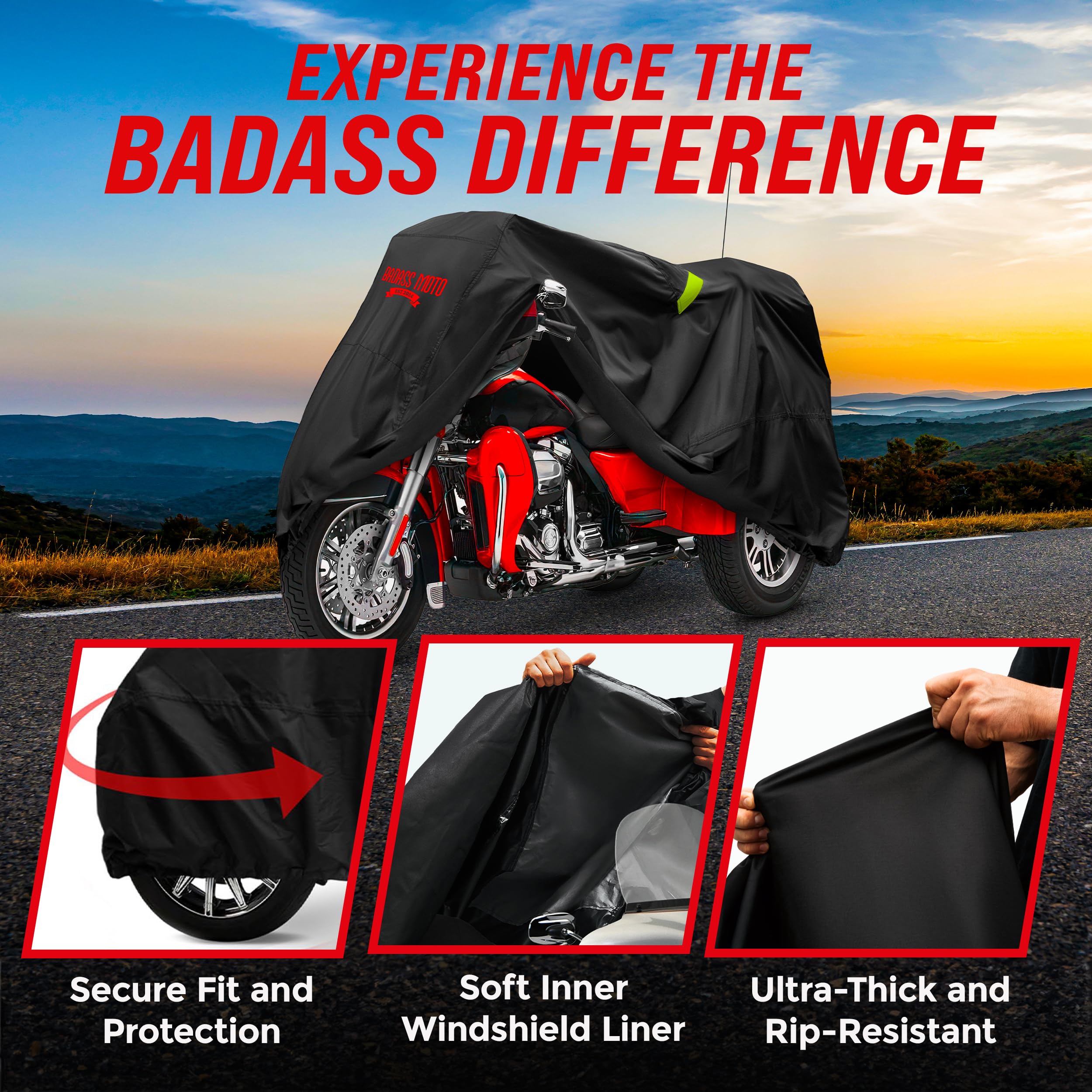 Badass Moto Ultimate for Harley Trike Cover Waterproof Motorcycle Cover - Heavy Duty Motorcycle Cover Fits Harley Davidson Trike