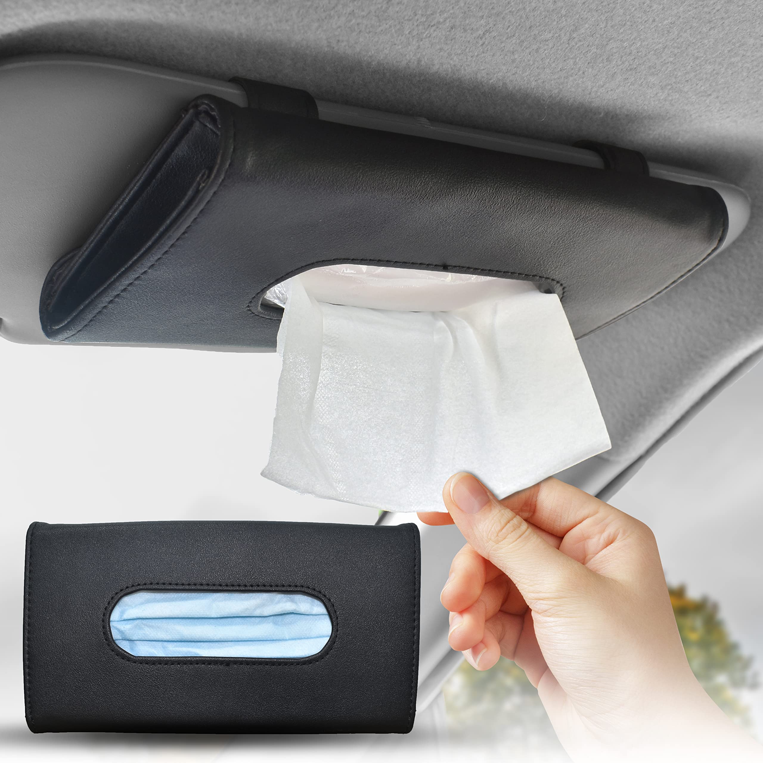 EcoNour Car Tissue Holder 9 x 5 inches - Black Sun Visor Napkin Holder - Tissue and Disposable Mask Holder for Car - Handy and C