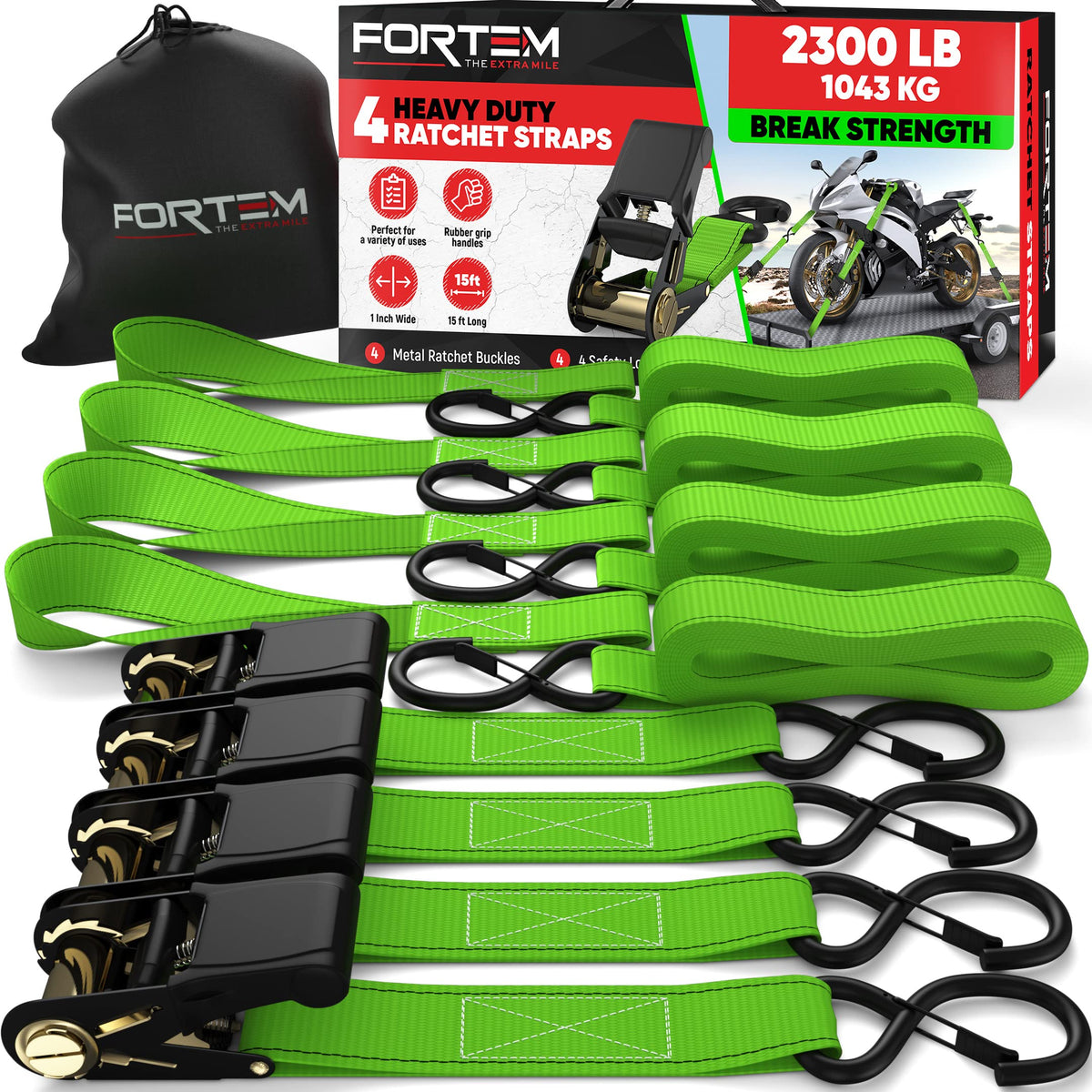 Fortem Ratchet Straps, 2300Lb Break Strength, 4 Pack 15Ft X 1In Tie Down Strap Set, 4 Soft Loops, Motorcycle Straps Tie Downs, C