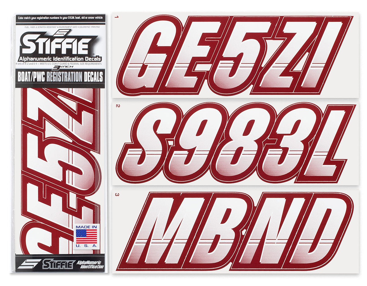 Stiffie Techtron White/Burgundy 3 '' Boat & Pwc Registration Decals  Numbers Letters Stickers