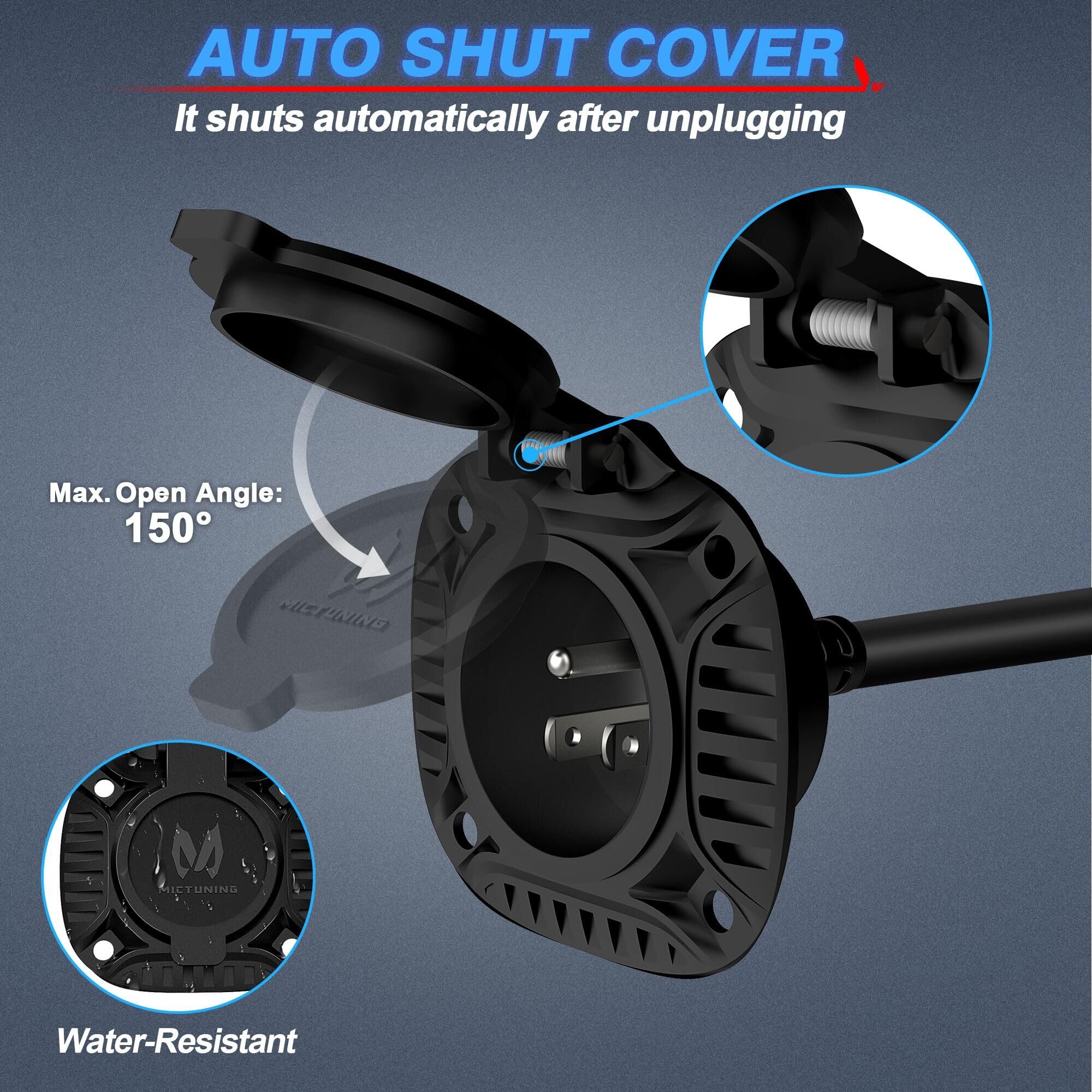 Mictuning 15Amp 125V Ac Port Plug With Heavy Duty Integrated 72'' Extension Cord And Water-Resistant Spring-Loaded Cover - Black