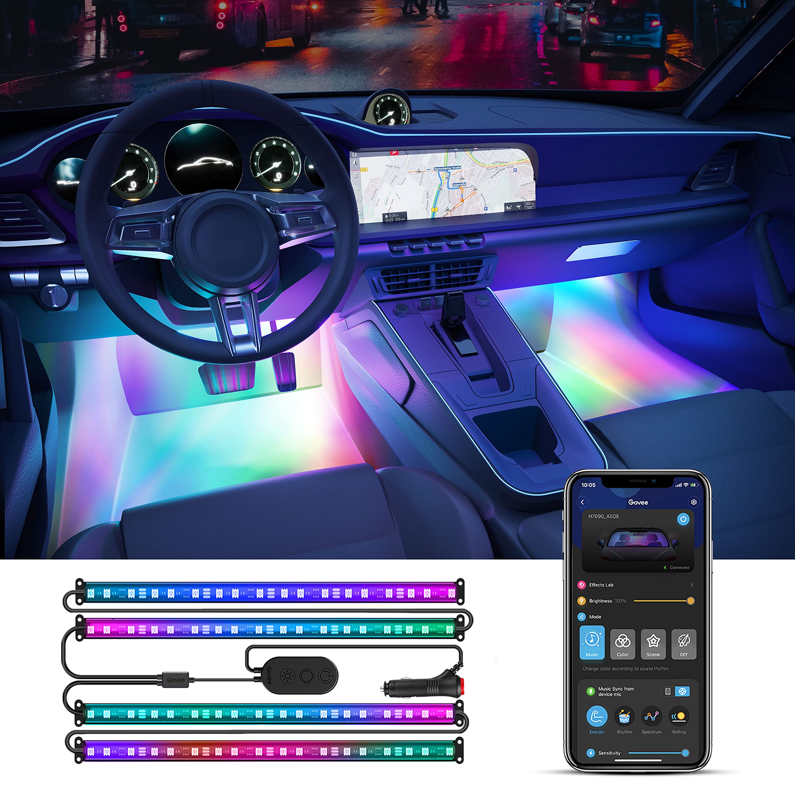 Govee Smart Car Led Strip Lights, Rgbic Interior Car Lights With 4 Music Modes, 30 Scene Options And 16 Million Colors, App Control 2 Lines Design Led Car Lights For Suvs, Dc 12V