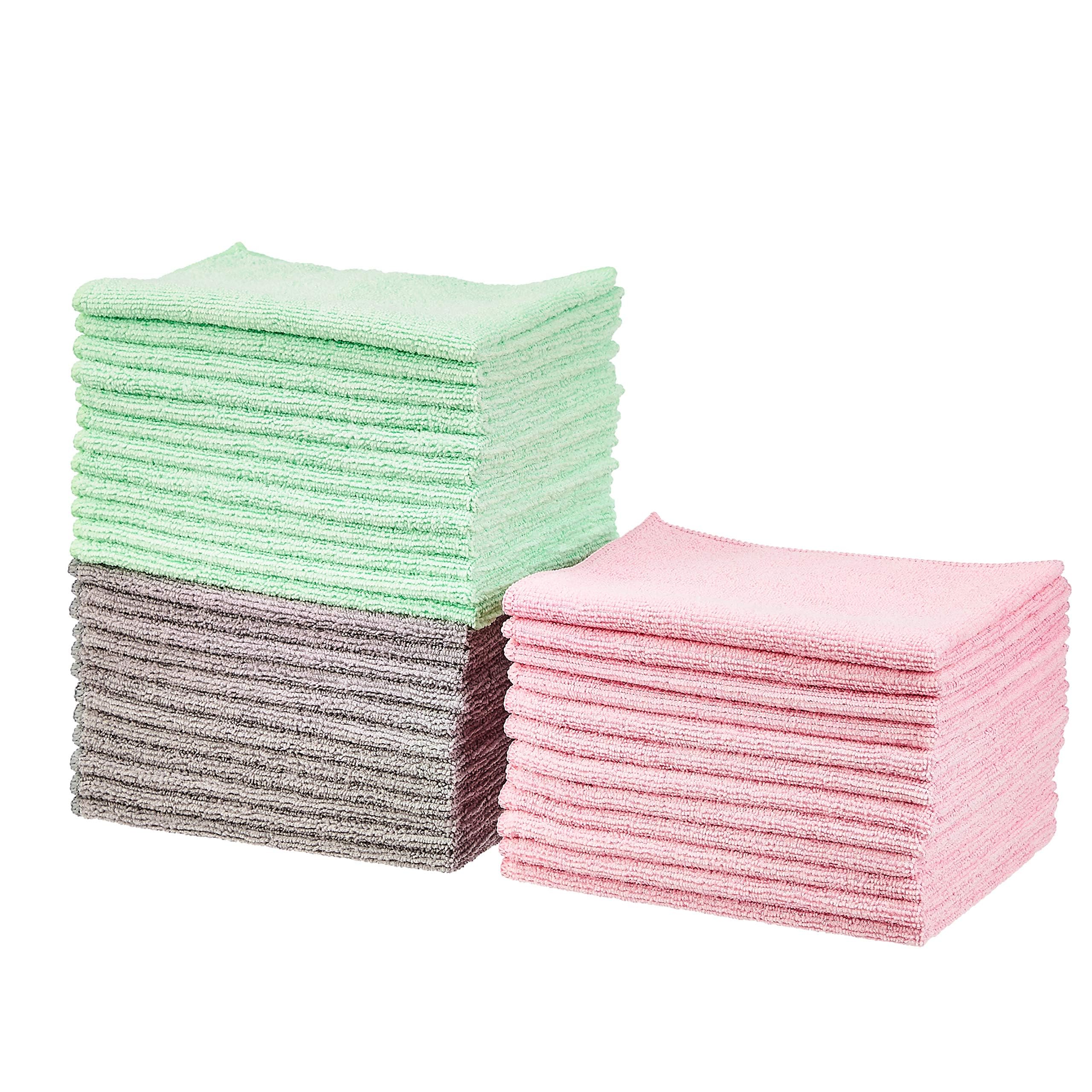 Amazon Basics Microfiber Cleaning Cloths, Non-Abrasive, Reusable And Washable, Pack Of 36, Green/Gray/Pink, 16'' X 12''