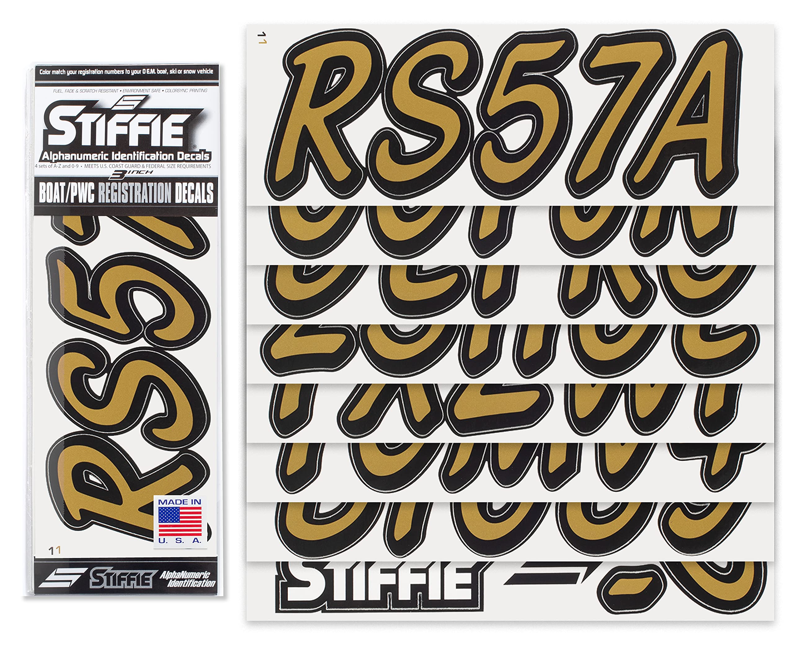 Stiffie Whipline Solid Metallic Gold/Black 3 Alpha-Numeric Registration Identification Numbers Stickers Decals For Boats & Personal Watercraft