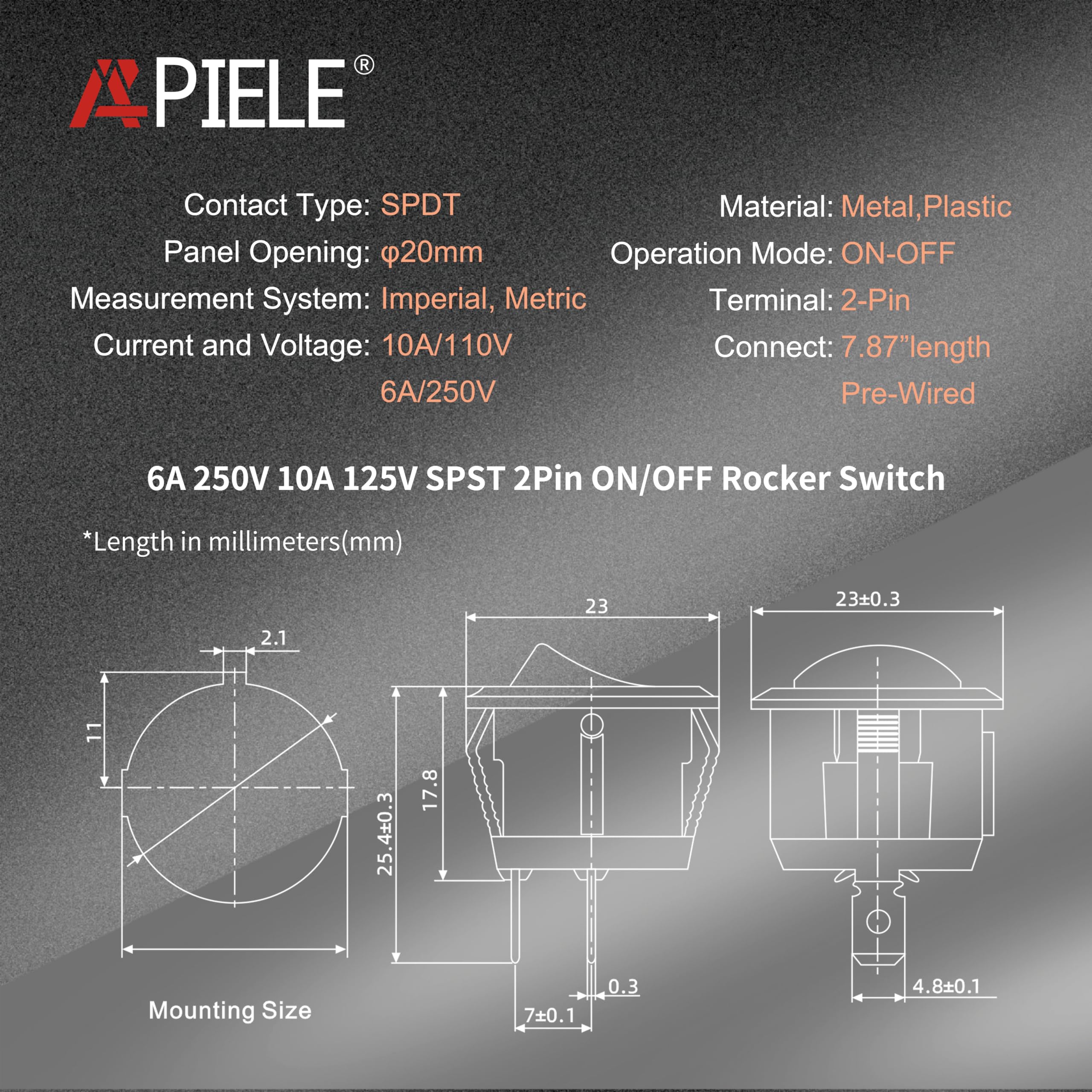Kcd1 Mini Round Toggle Switch Spst 2Pin Snap-In Design Car Boat Automotive With Wires Pre-Wired (Kcd1-5-101-C-5)