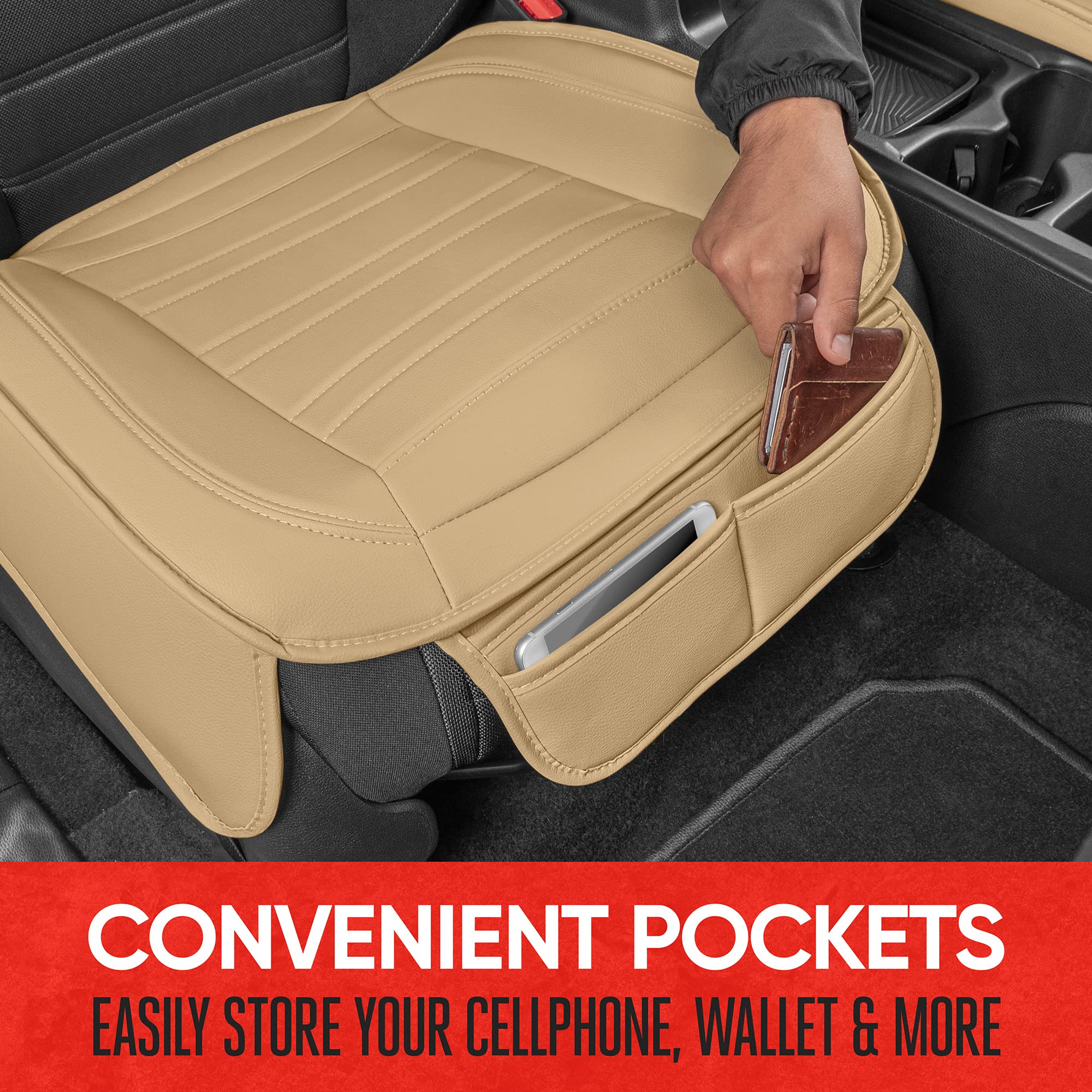 Motor Trend Seat Covers For Cars Trucks Suv, Faux Leather Full Set Beige Padded Car Seat Covers With Storage Pockets, Premium In