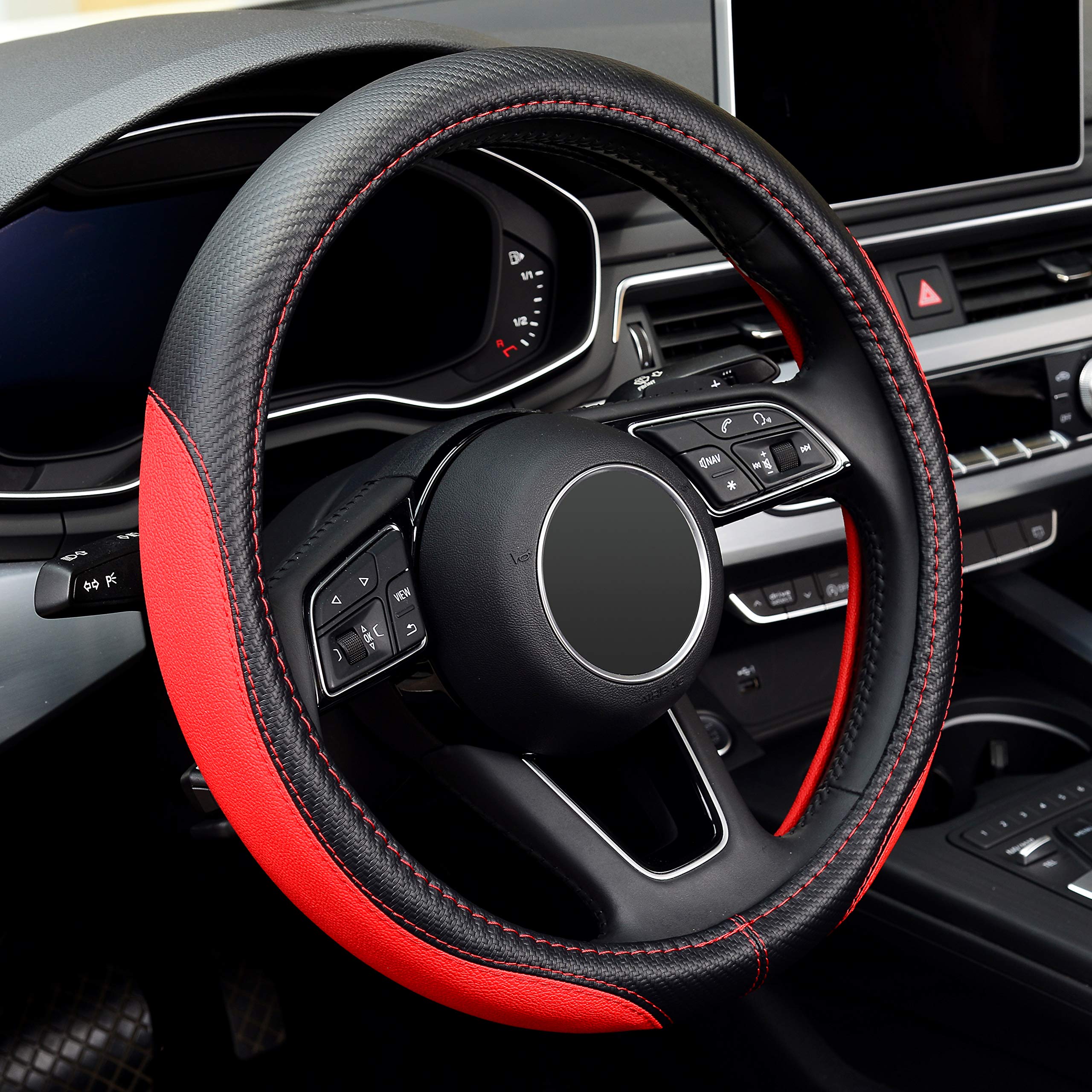 Labbyway Microfiber Leather Auto Car Steering Wheel Cover, Universal 15 Inch Anti-Slip Wheel Protector, Red