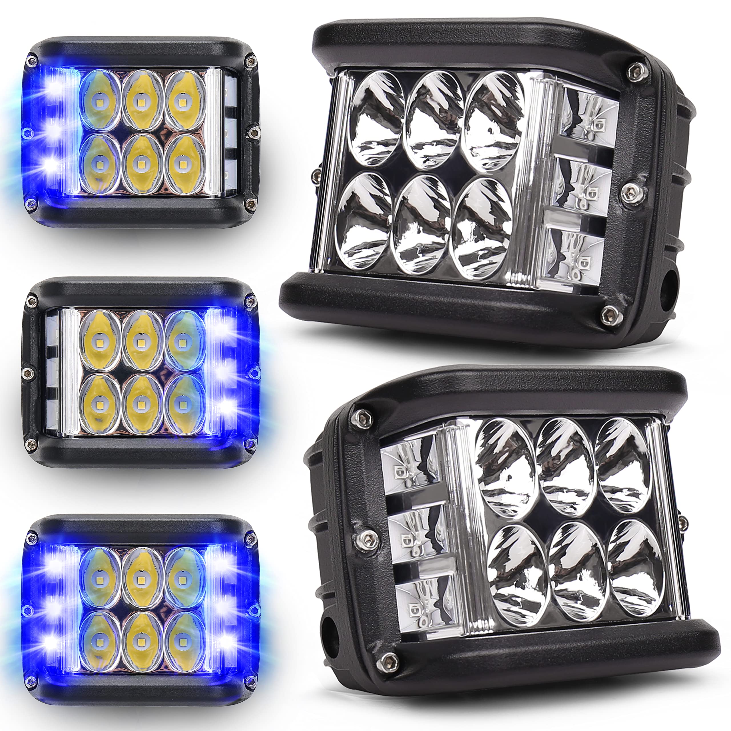 Hoyuza Side Shooter Pod Lights 4 Inch Dual Side Blue Strobe Led Cube Lights For Farm Tractor Plow Truck Boat Atv Utv Suv Off-Roa