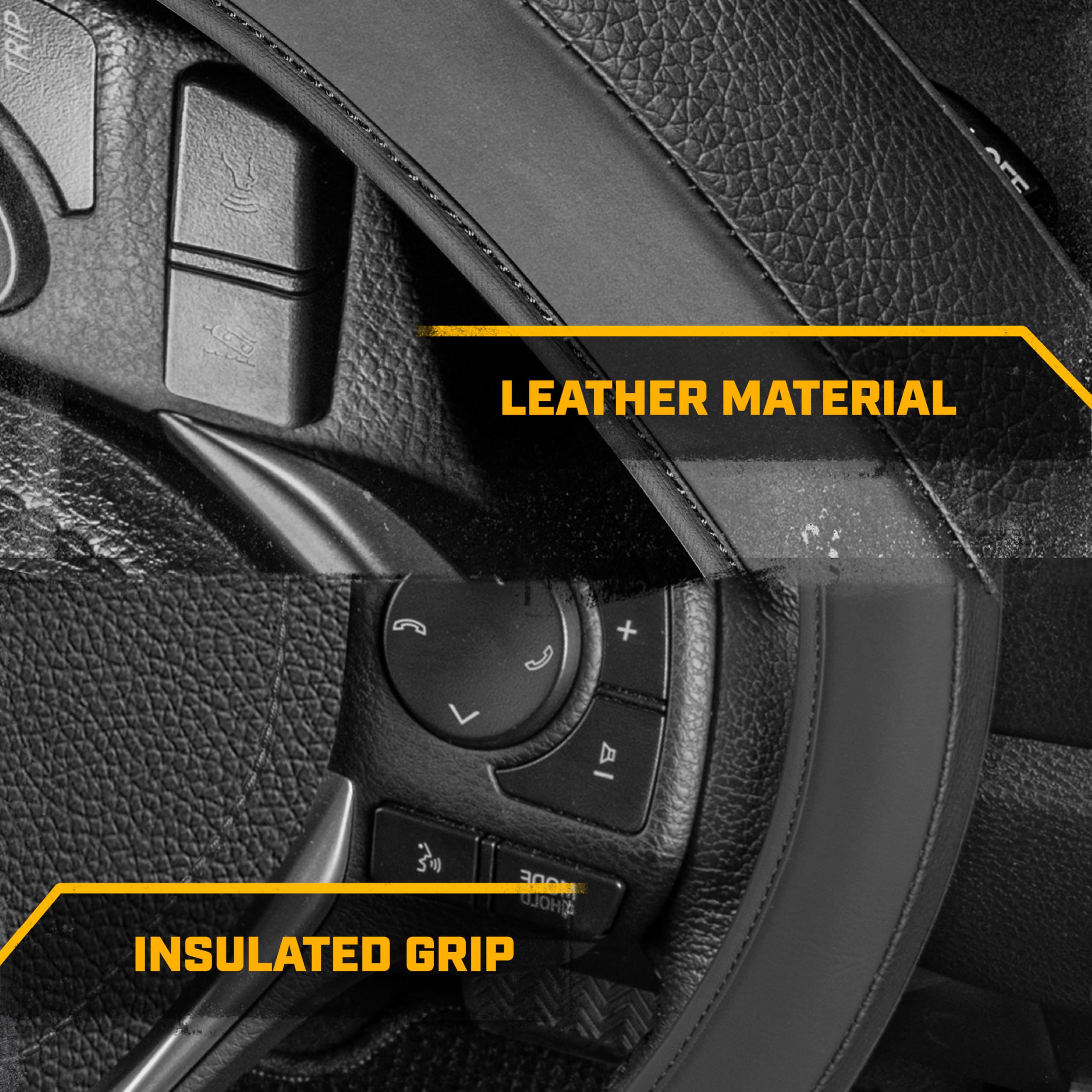 Cat Easywrap Faux Black Leather Steering Wheel Cover, Standard 15 Inch Size, Durable And Comfortable Self Wrapping Car Steering