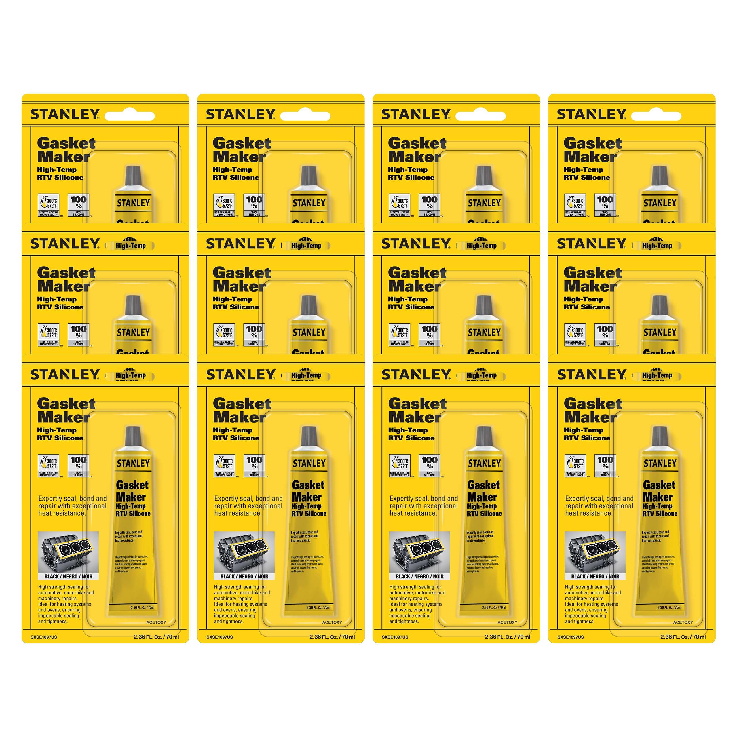 Stanley High-Temp Rtv Silicone Gasket Maker -12X2.36 Fl.Oz. Black, Oil, Vibration And Heat Resistant Black Silicone Sealant For 