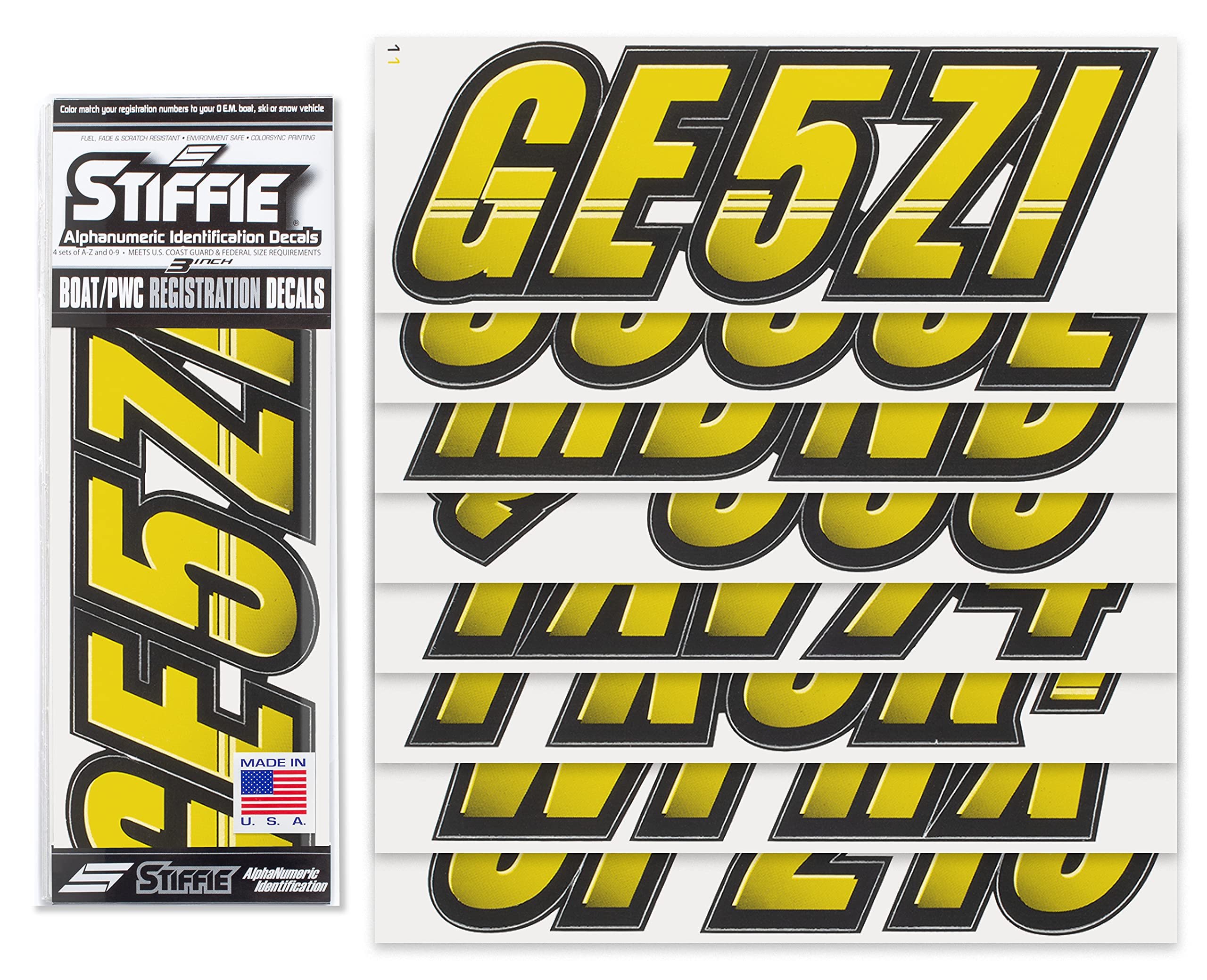 Stiffie Techtron Electric Yellow/Black 3 '' Boat & Pwc Registration Decals  Numbers Letters Stickers