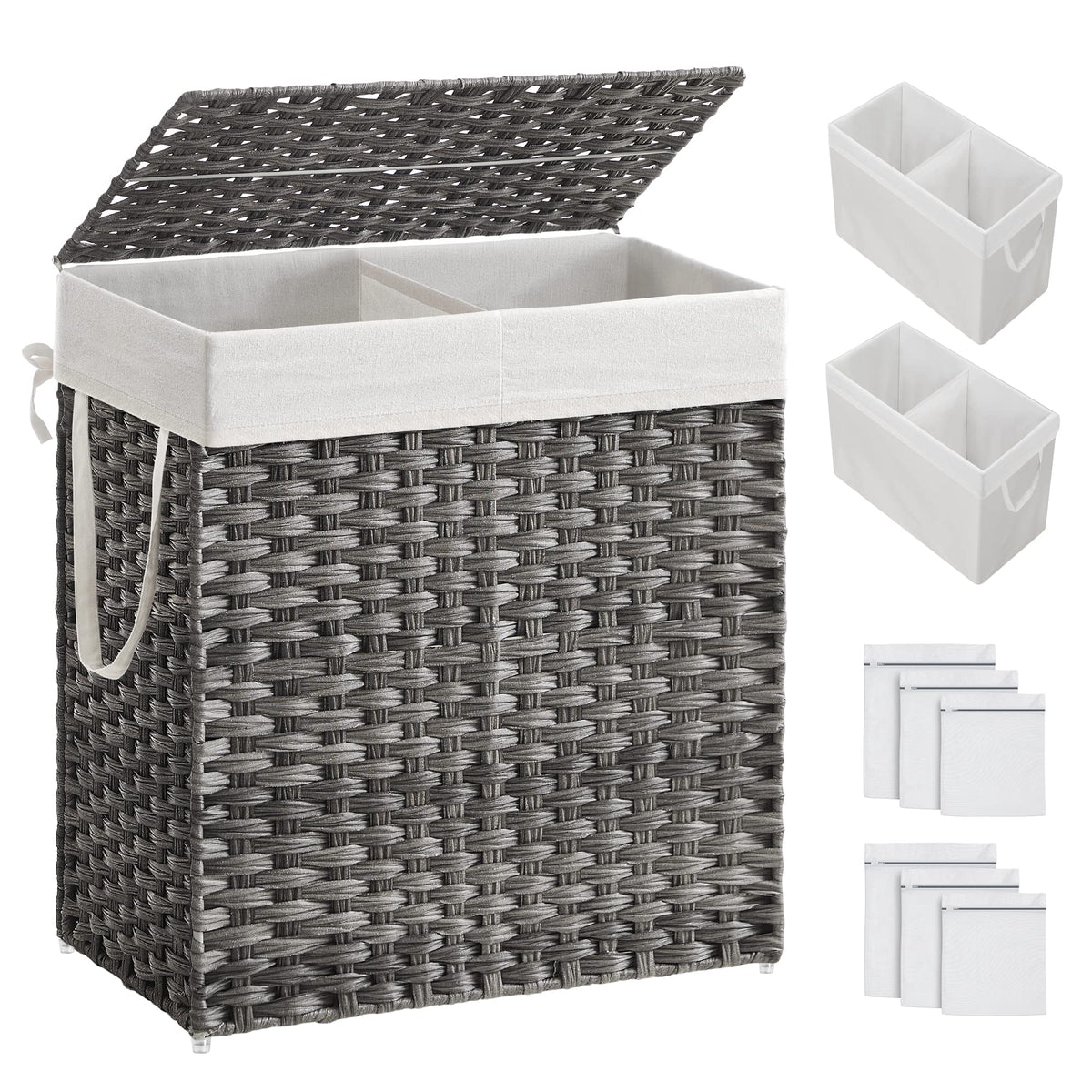 Songmics Laundry Hamper With Lid, 110L Clothes Hamper With 2 Removable Liner Bags  6 Mesh Bags, Wicker Laundry Basket, Double La