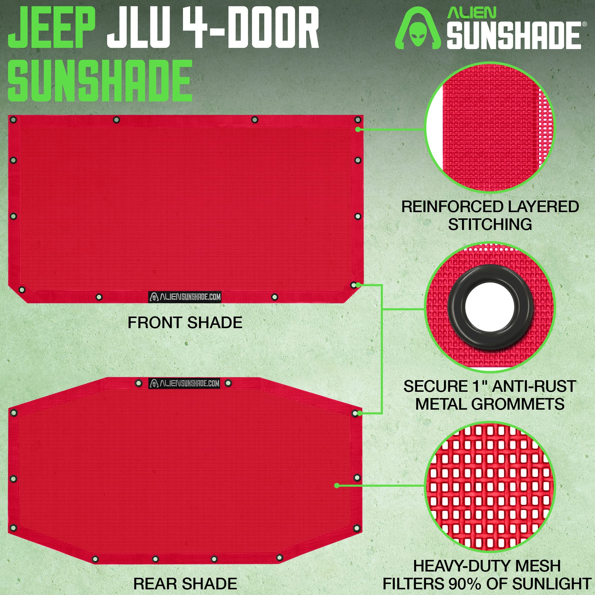 Alien Sunshade Jeep Wrangler Jlu Red (2018-2023) Front & Rear Mesh Sun Shade For Jl Unlimited, Blocks Uv, Wind, Noise, Jeep Gift