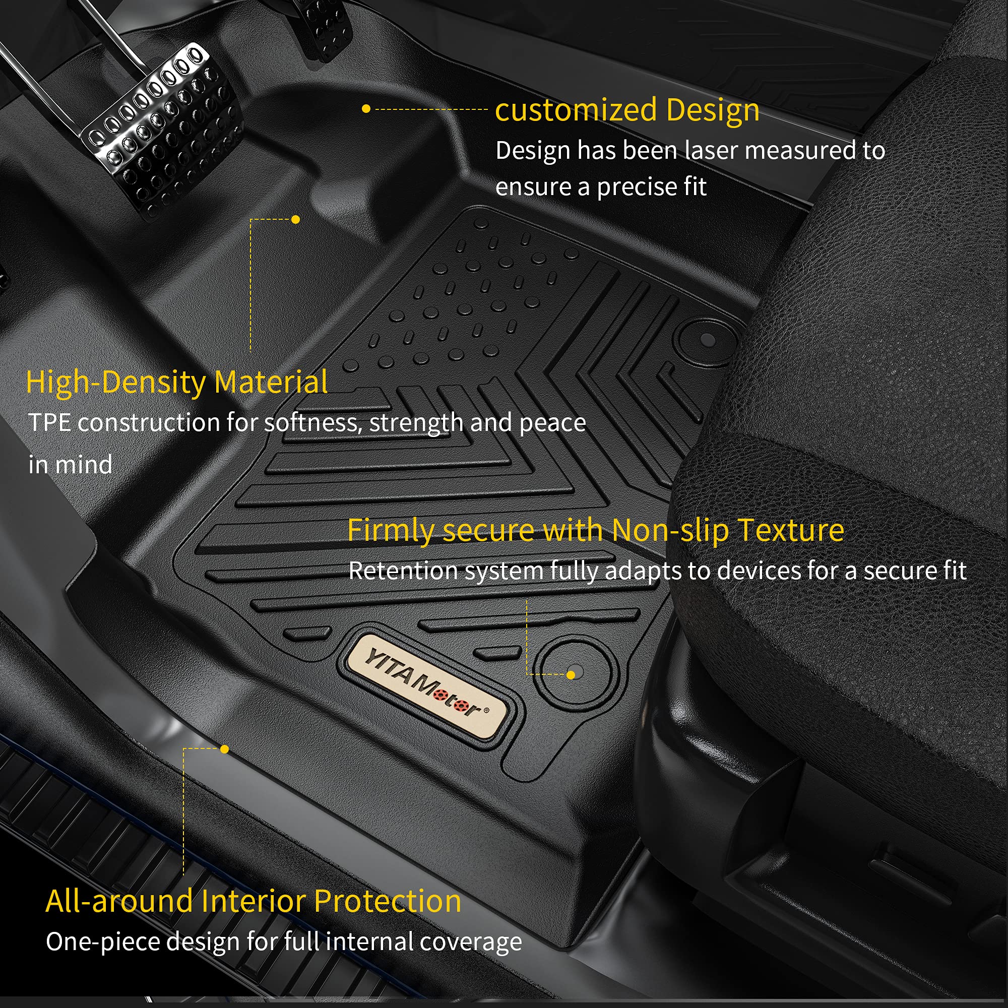 Yitamotor Floor Mats Compatible With Toyota Tundra, Custom Fit Floor Liners For 2014-2021 Toyota Tundra Double Cab & Crew Max Cab, 1St & 2Nd Row All Weather Protection , Black