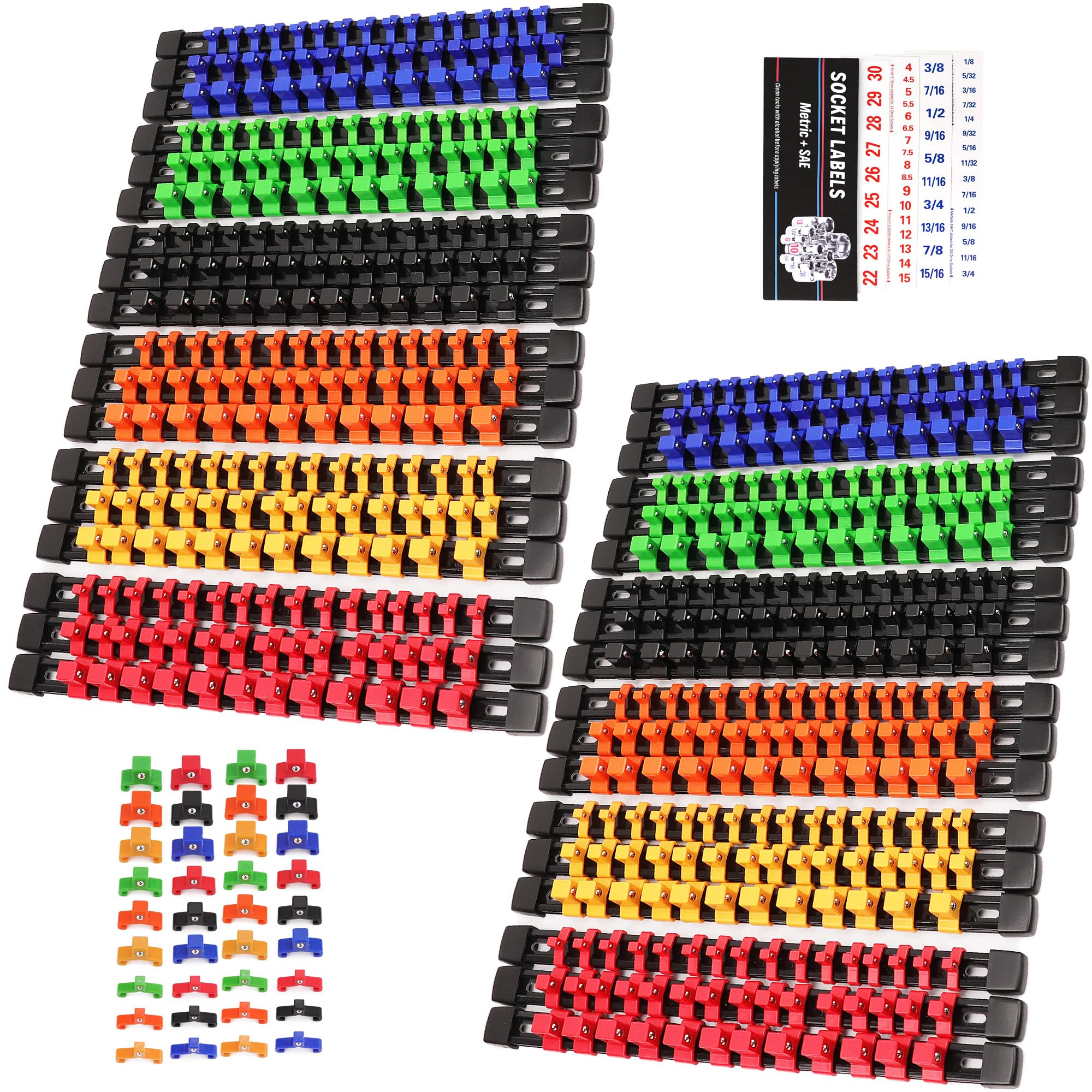 SWANLAKE 36-Piece Socket Organizer, 1/4-Inch x 192 Clips, 3/8-Inch x 180 Clips, 1/2-Inch x 144 Clip, Socket Holder Clip Rail, Dr