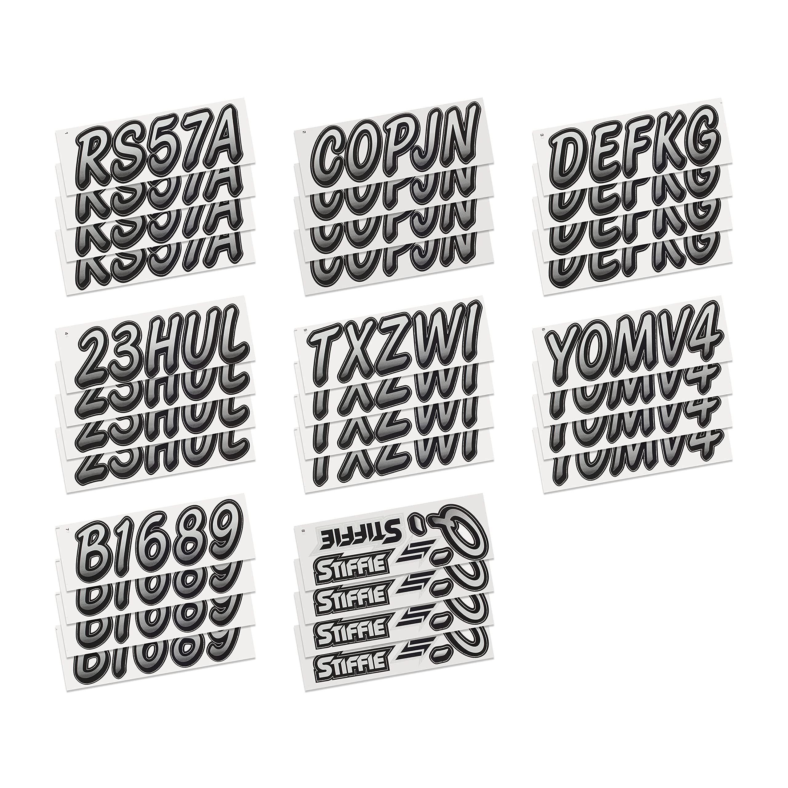 STIFFIE Whipline Metallic Silver/Black 3'' Boat & PWC Registration Decals  Numbers Letters Stickers