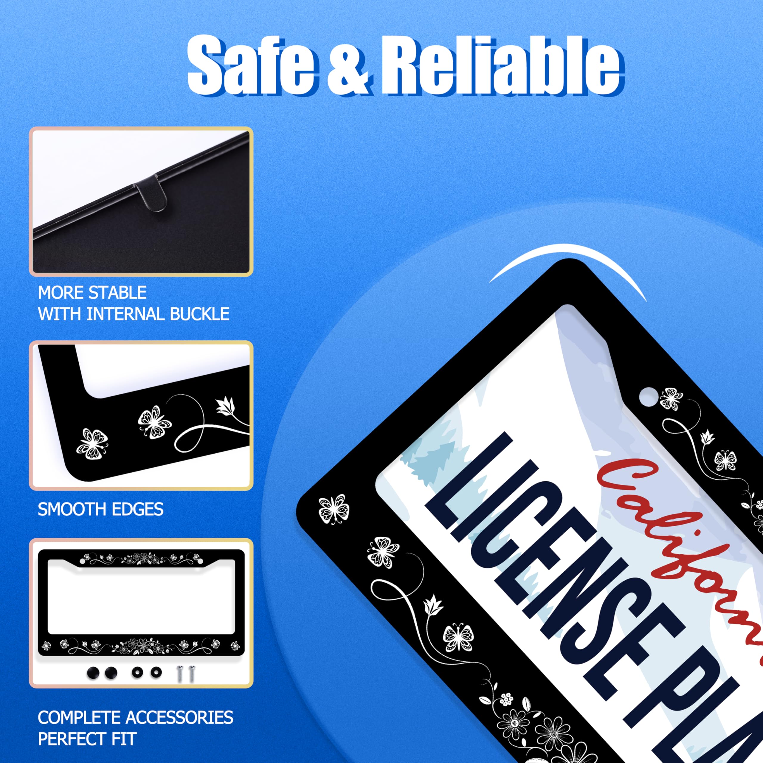 Black White Daisy Butterfly License Plate Frame Flowers License Plate Stainless Steel Funny License Plate Holder Floral Car Acce