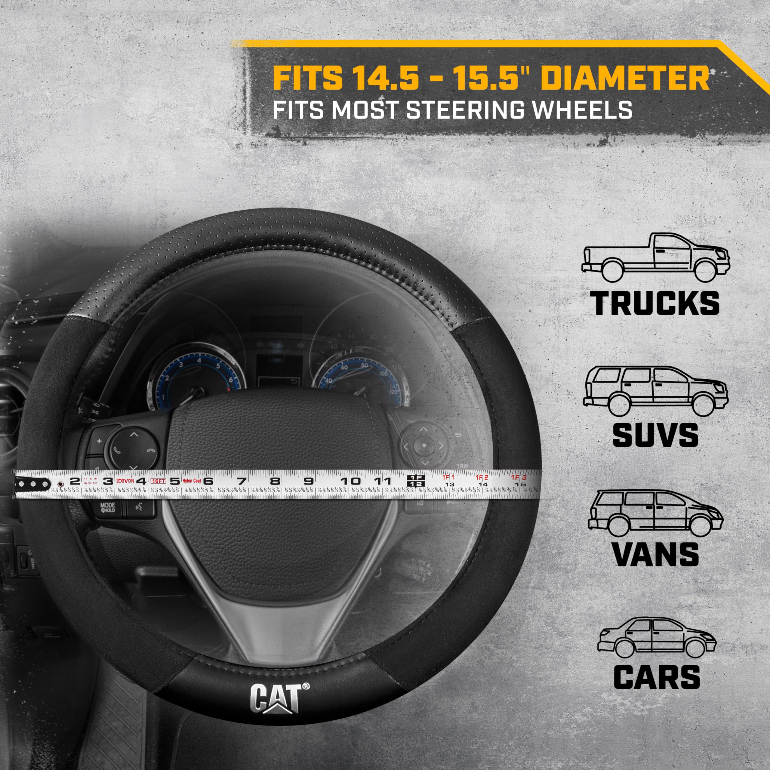 Cat Steering Wheel Cover - Suede/PU Leather Black/Gray with Chrome Logo, 14.5-15 inch - Durable and Comfortable with Advanced Gr