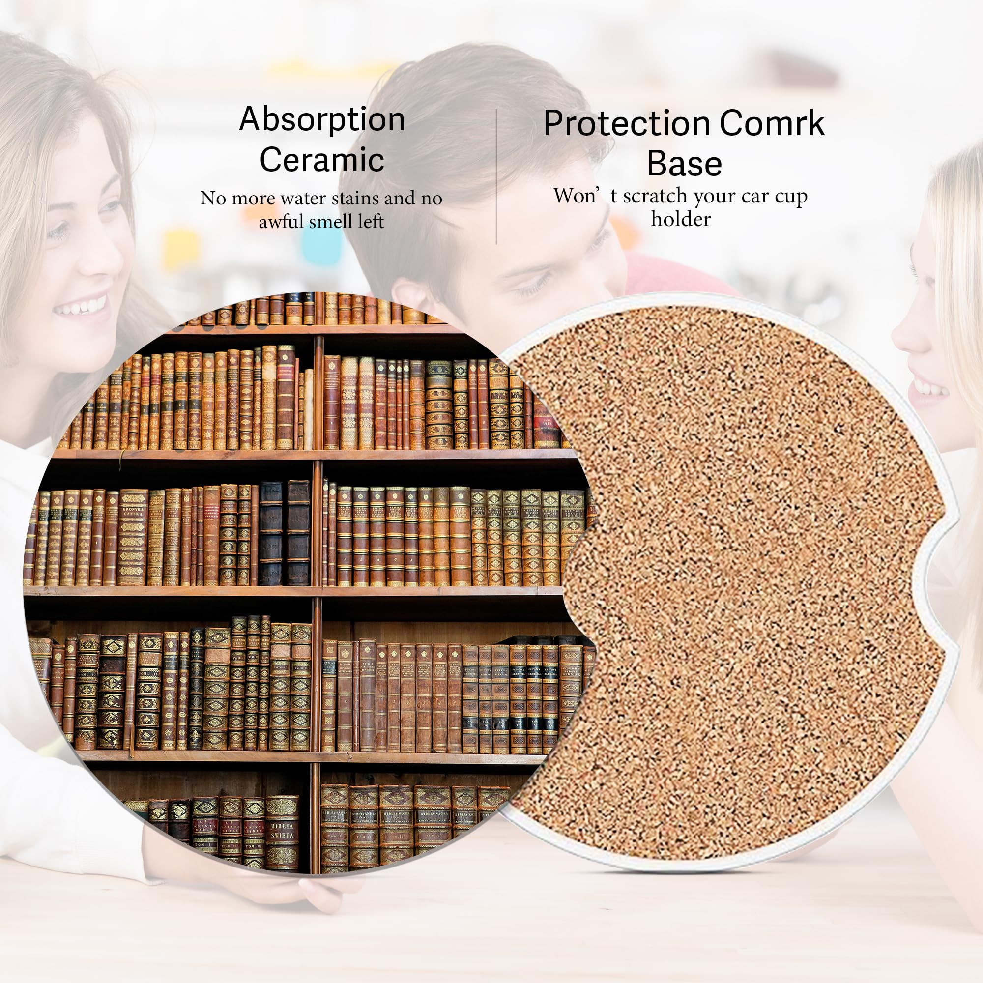 Old Books Library Car Coasters For Cup Holders, Car Accessories, 2 Pack Absorbent Ceramic Car Cup Holder Coasters For Drinks, Fo